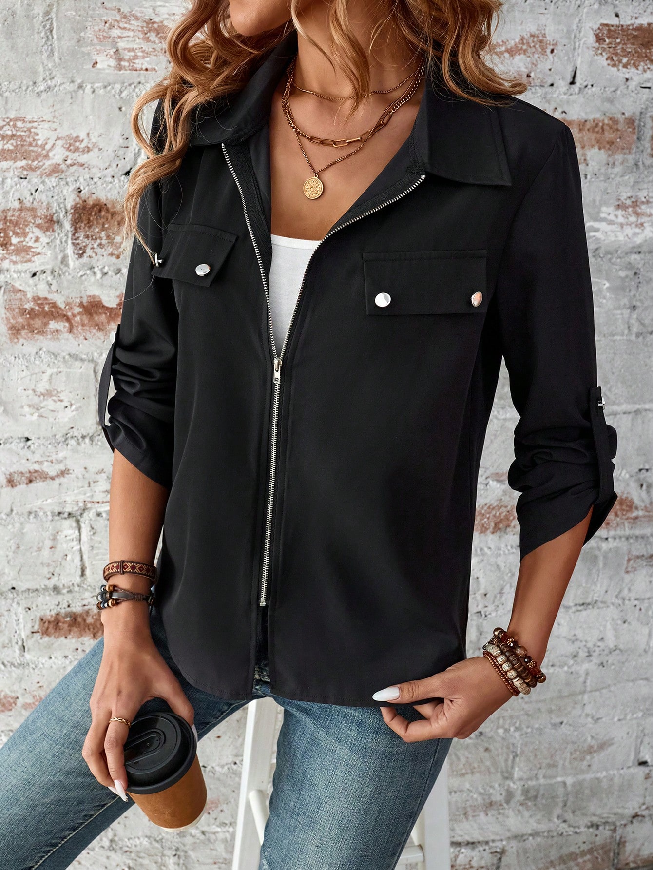 Roll Tab Sleeve Casual Zipper Shirt