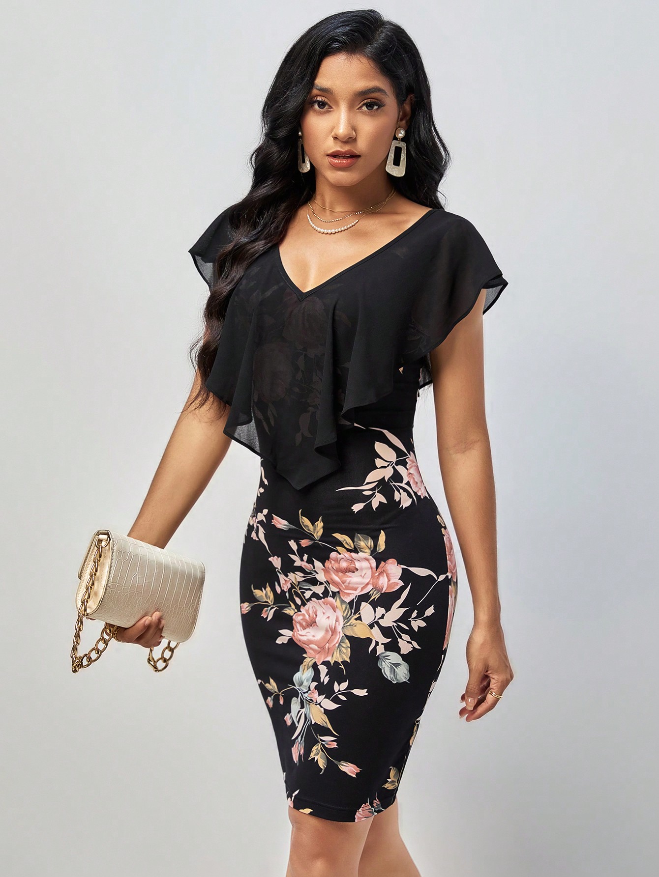 Floral Print Ruffle Trim Bodycon Dress Ruffle Skirt