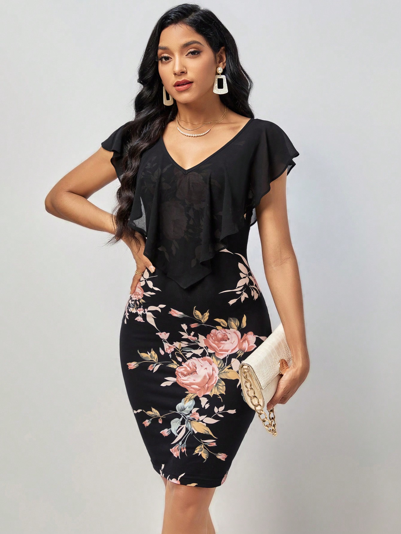 Floral Print Ruffle Trim Bodycon Dress Ruffle Skirt