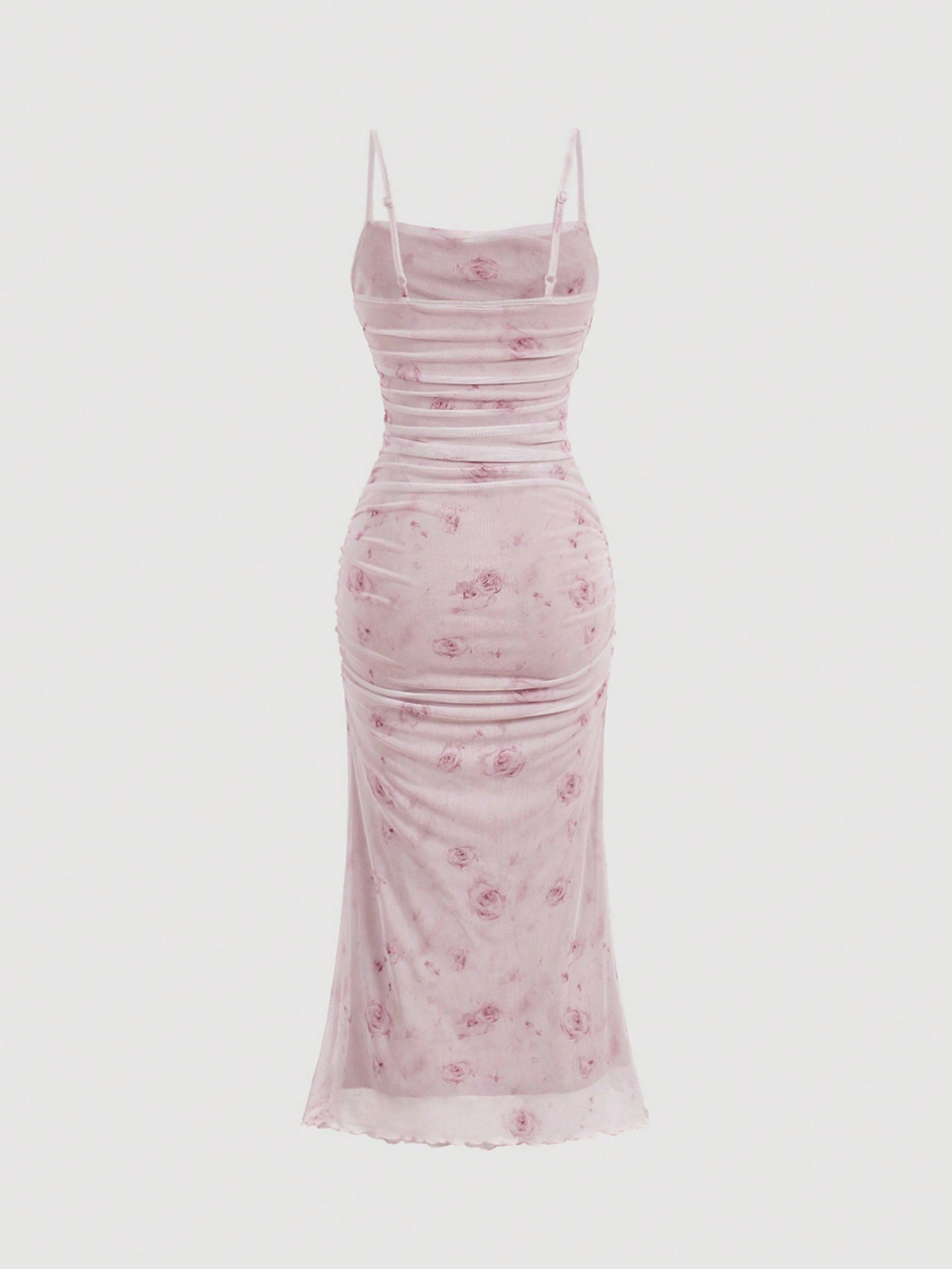 MOD Summer Pink Floral Print Ruched Mesh Cami Long Dress