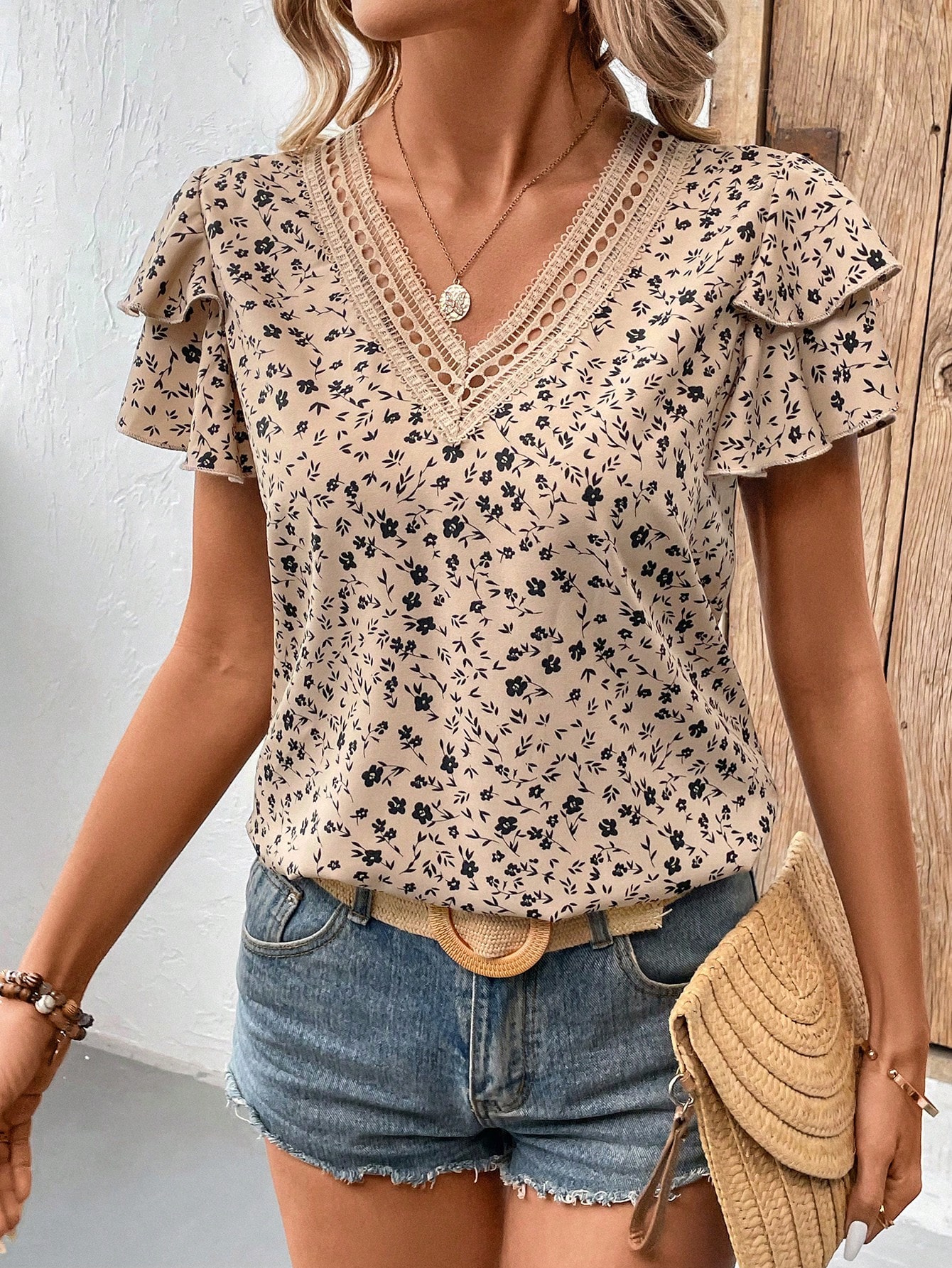 Summer Women's V-Neck Lace Splicing Double Layer Ruffle Sleeve Floral Print Casual Vacation Shirt