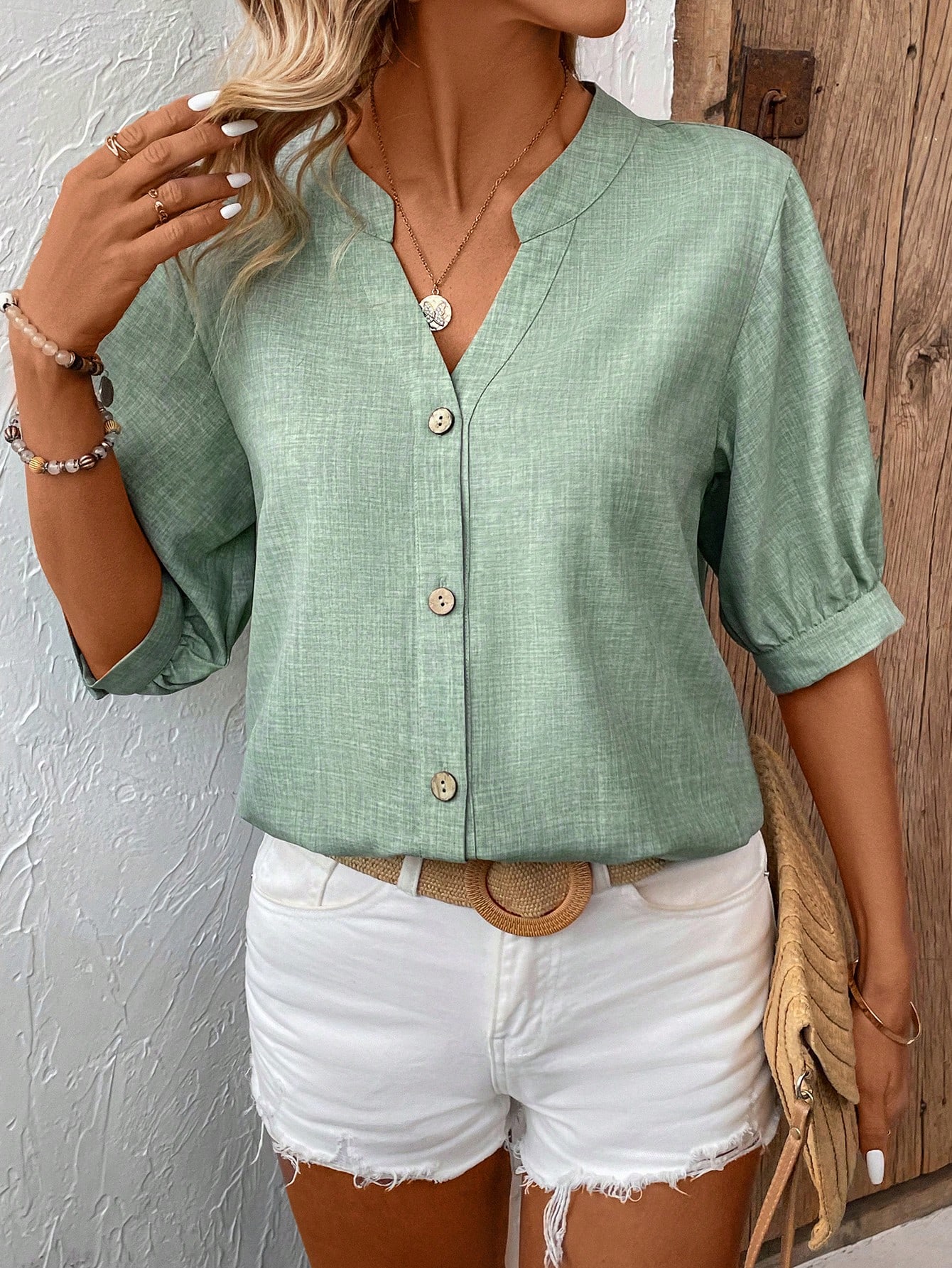 Button Up Loose Fit Shirt With Notch Collar