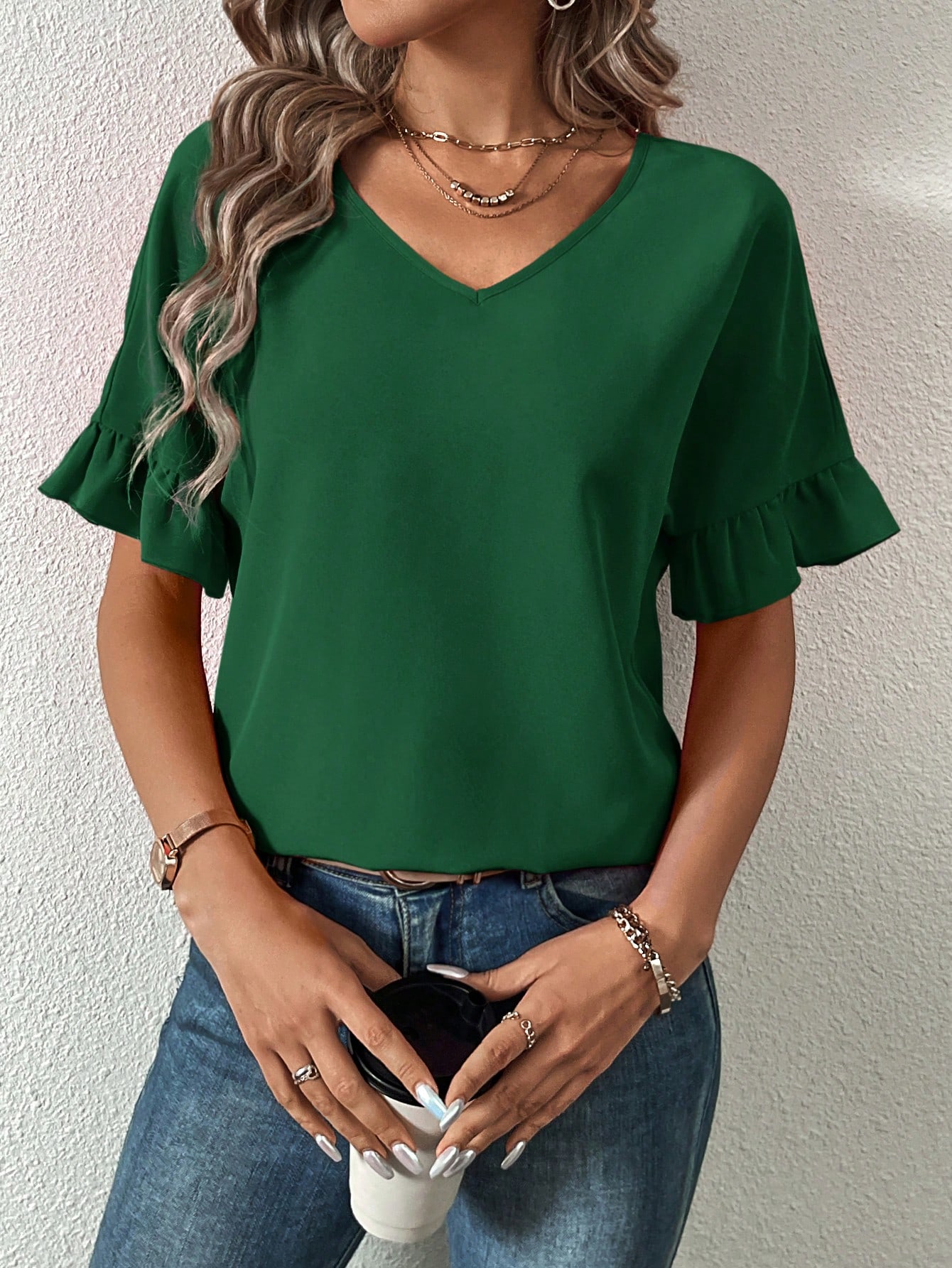 Women's Summer Solid Color Ruffled Sleeve Blouse