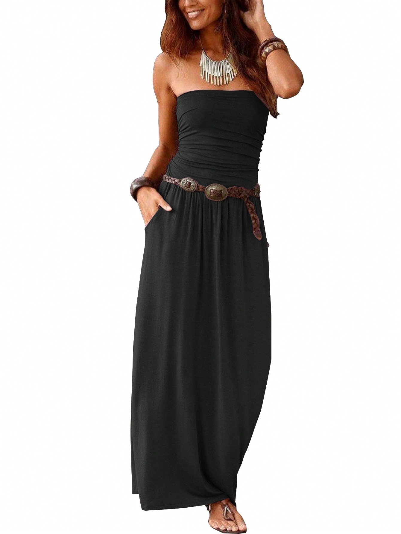 Women's Solid Color Pleated Strapless Loose Dress