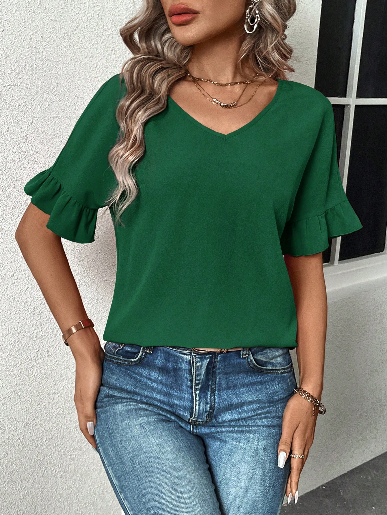 Women's Summer Solid Color Ruffled Sleeve Blouse