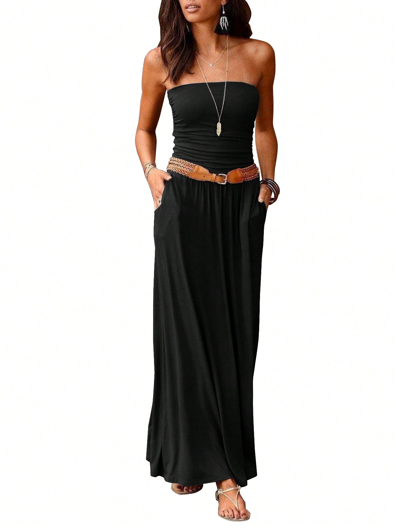 Women's Solid Color Pleated Strapless Loose Dress