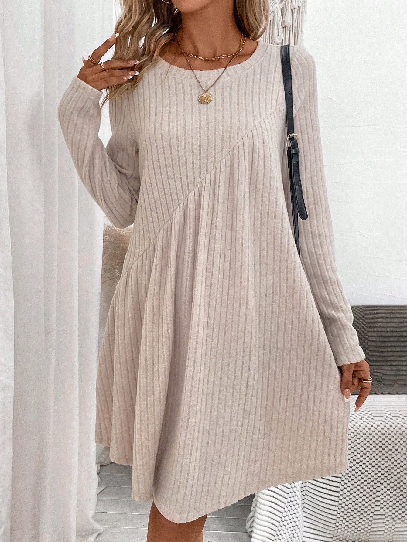 Solid Ribbed Knit Smock Dress