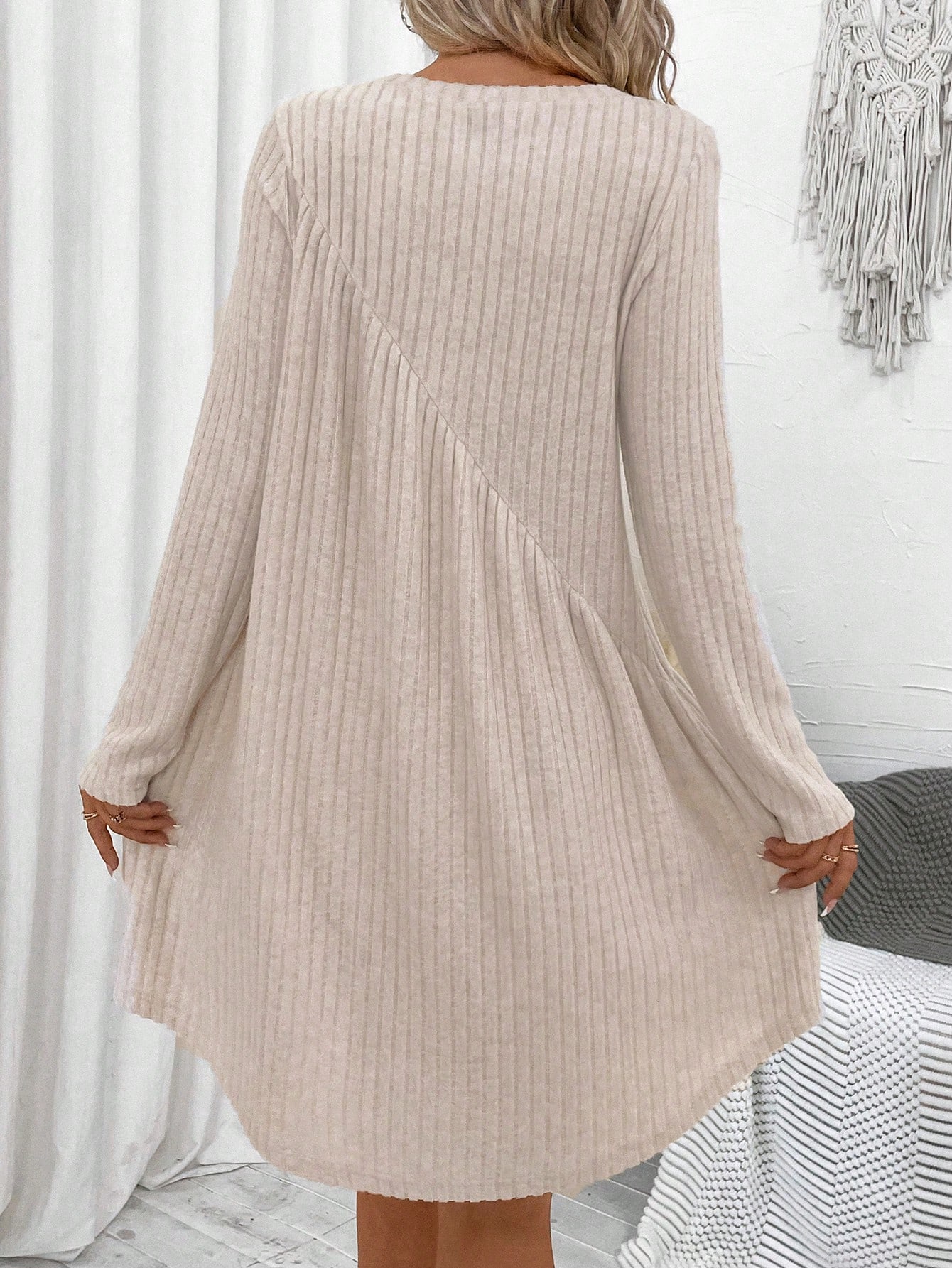 Solid Ribbed Knit Smock Dress