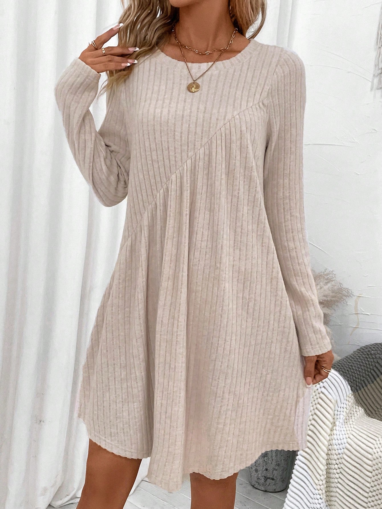 Solid Ribbed Knit Smock Dress