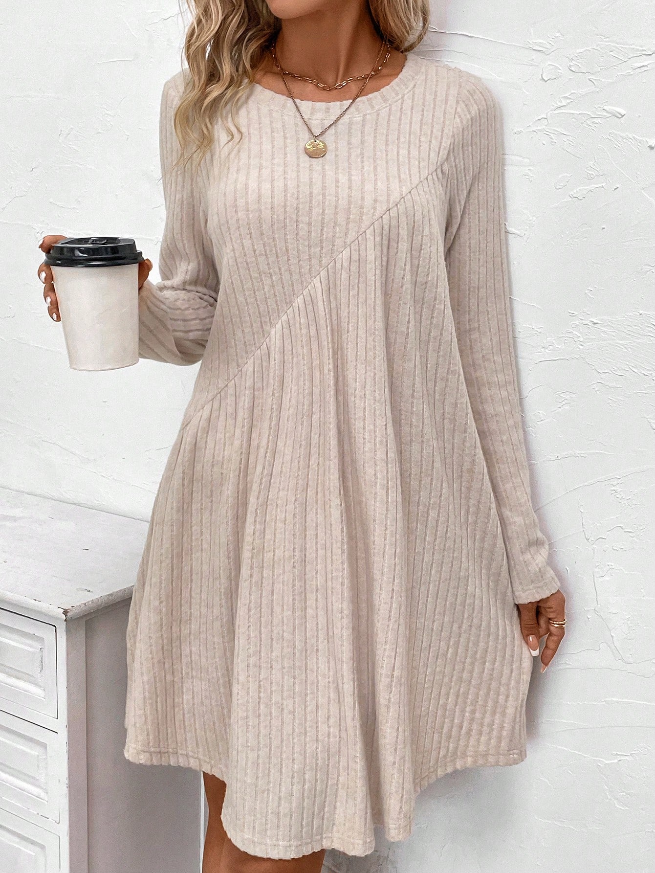 Solid Ribbed Knit Smock Dress