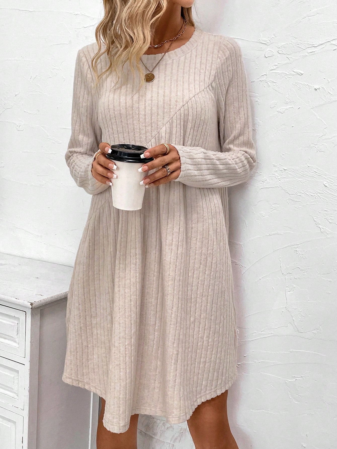 Solid Ribbed Knit Smock Dress