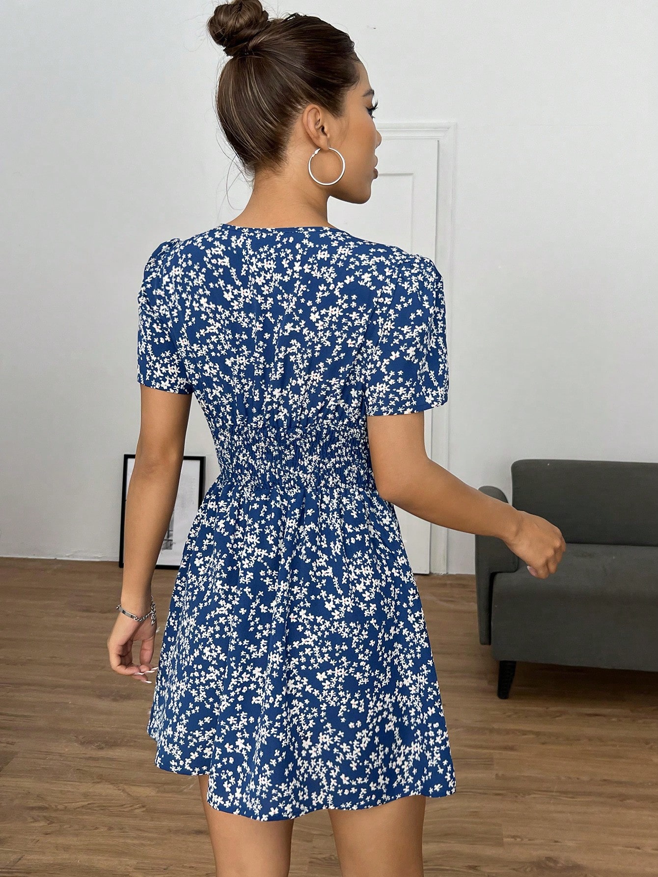 PETITE Ditsy Floral Print Puff Sleeve ShortSummer Dress