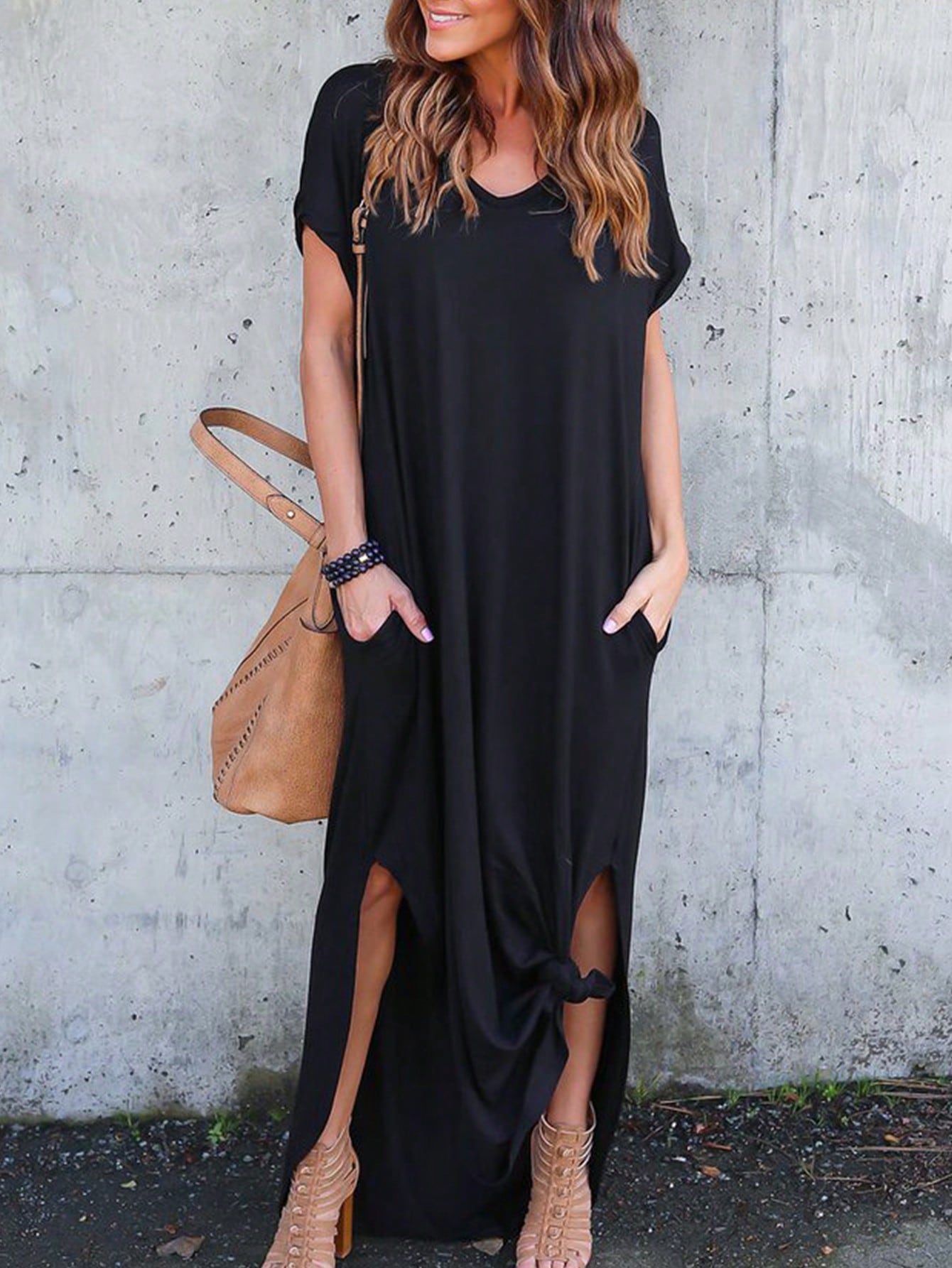 Women's V-Neck Batwing Sleeve Dress With Slanted Pocket