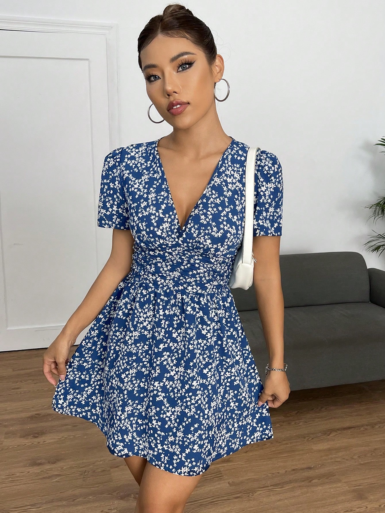 PETITE Ditsy Floral Print Puff Sleeve ShortSummer Dress