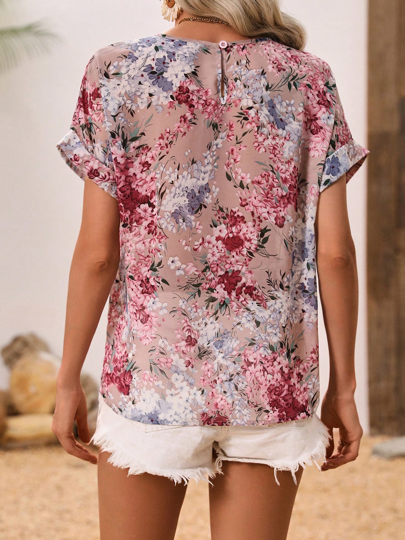 Women's Floral Print Round Neck Batwing Short Sleeve Blouse