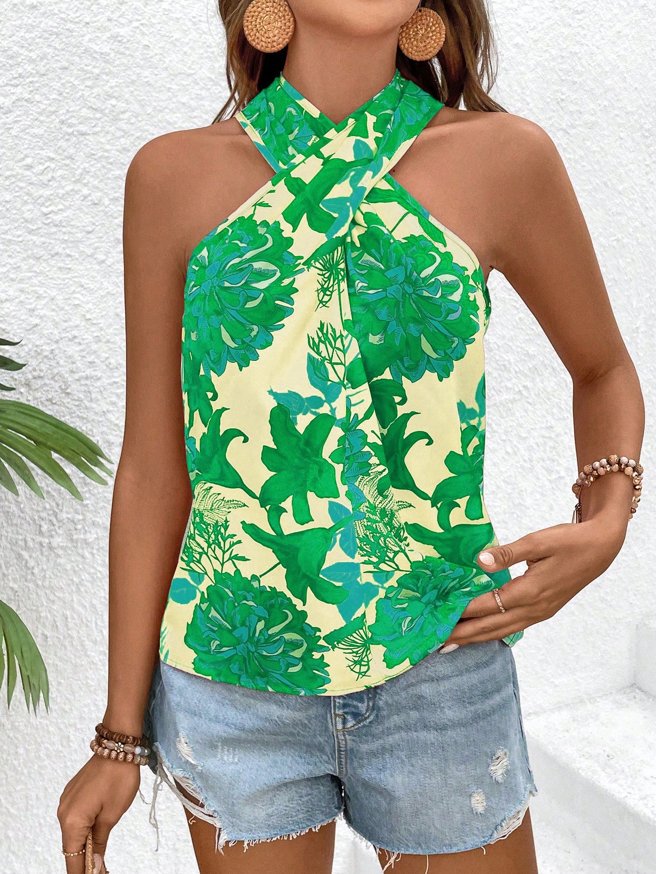 Floral Print Crisscross Halter Neck Blouse