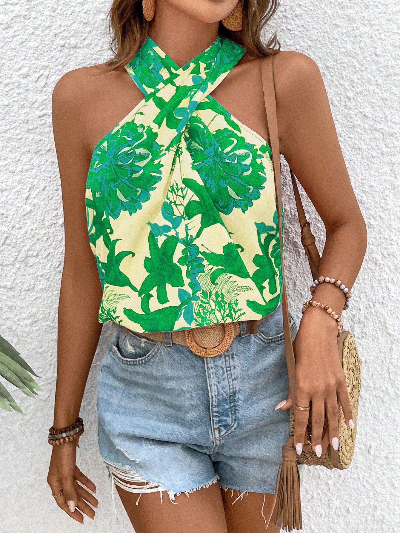 Floral Print Crisscross Halter Neck Blouse