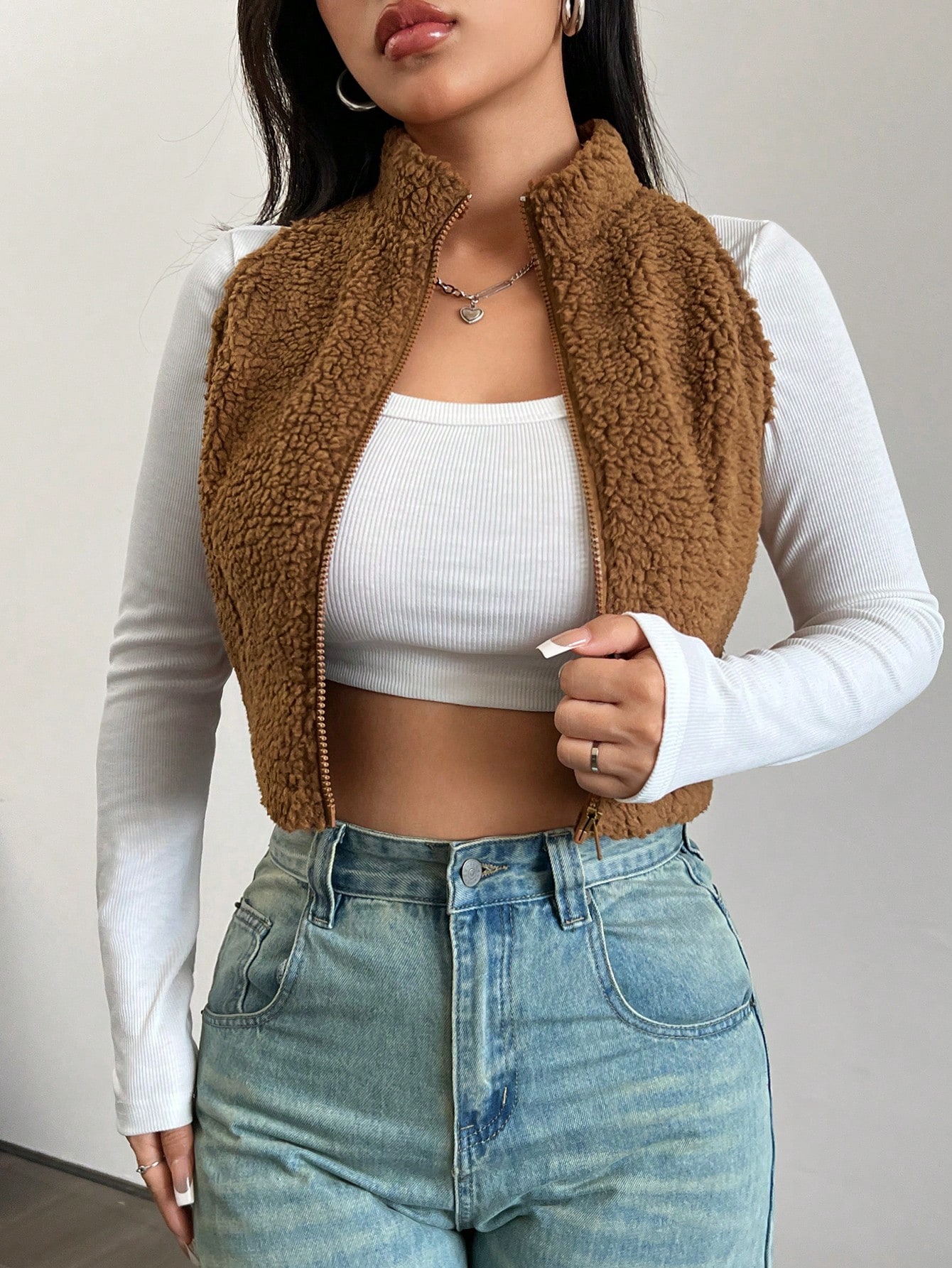 Spring Zip Up Crop Teddy Tank Top Without Tee