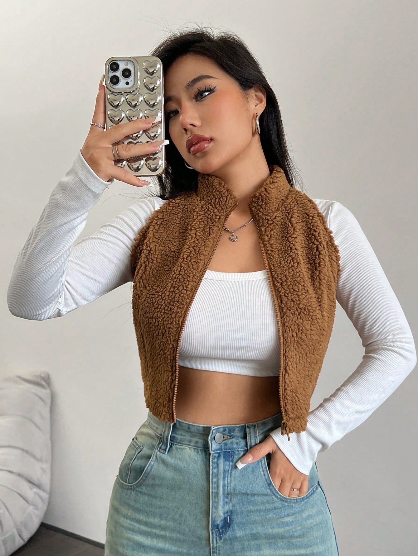 Spring Zip Up Crop Teddy Tank Top Without Tee