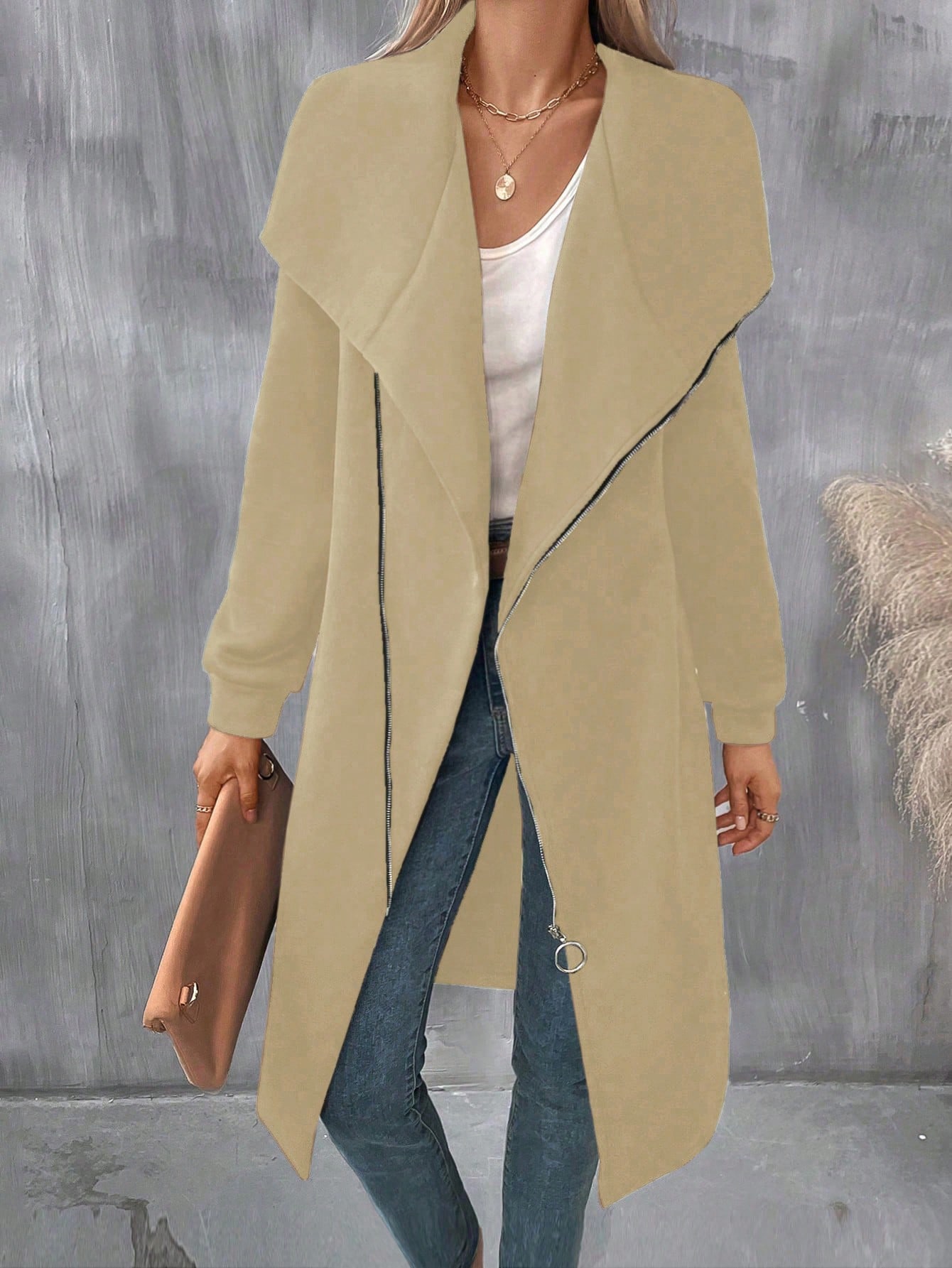 Waterfall Collar Zipper Long Coat