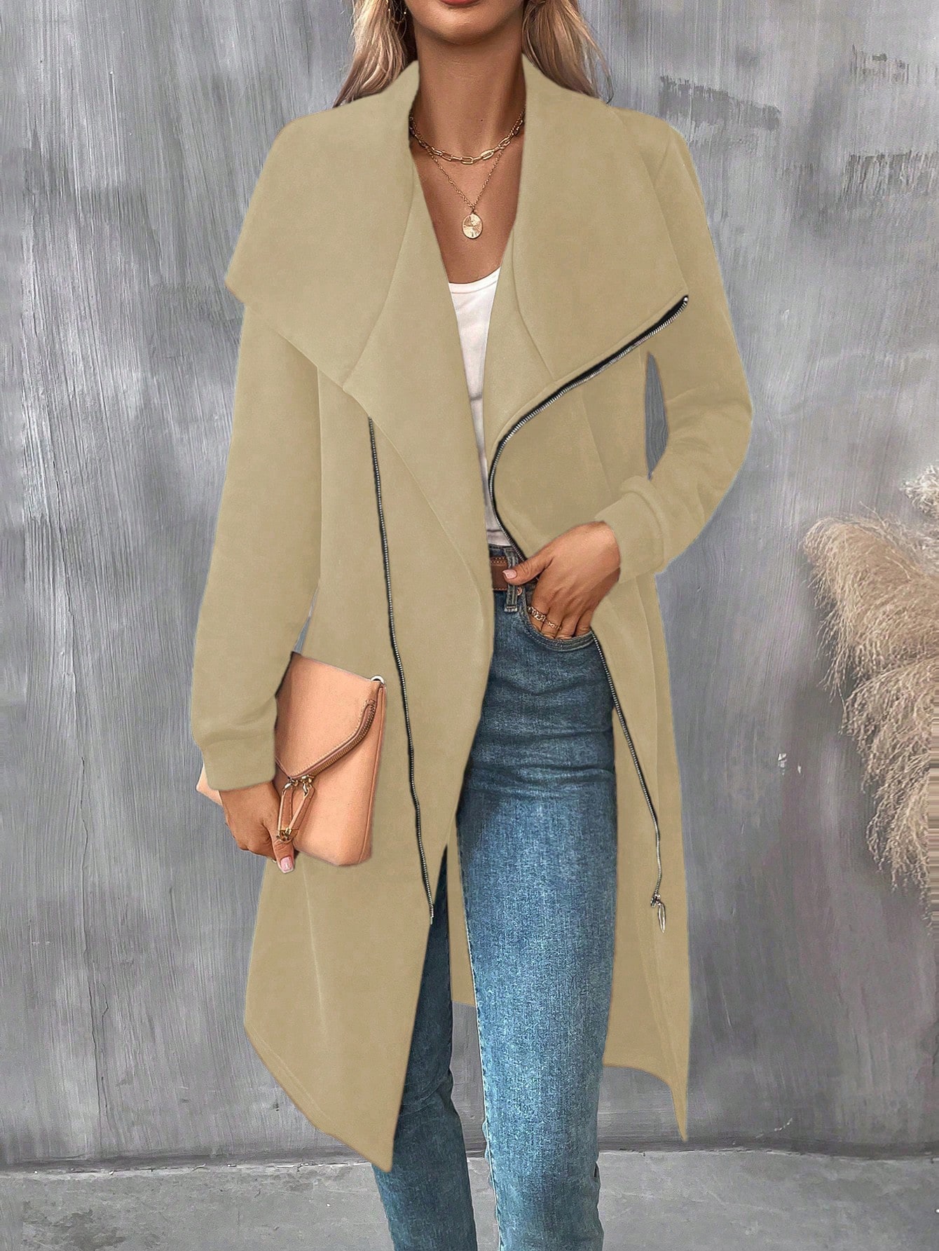 Waterfall Collar Zipper Long Coat