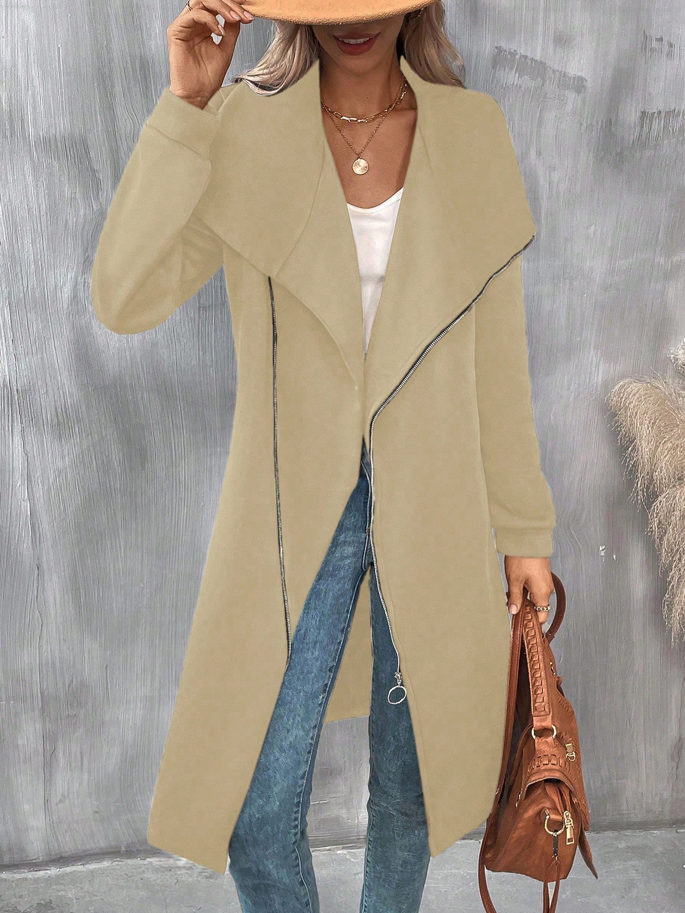 Waterfall Collar Zipper Long Coat