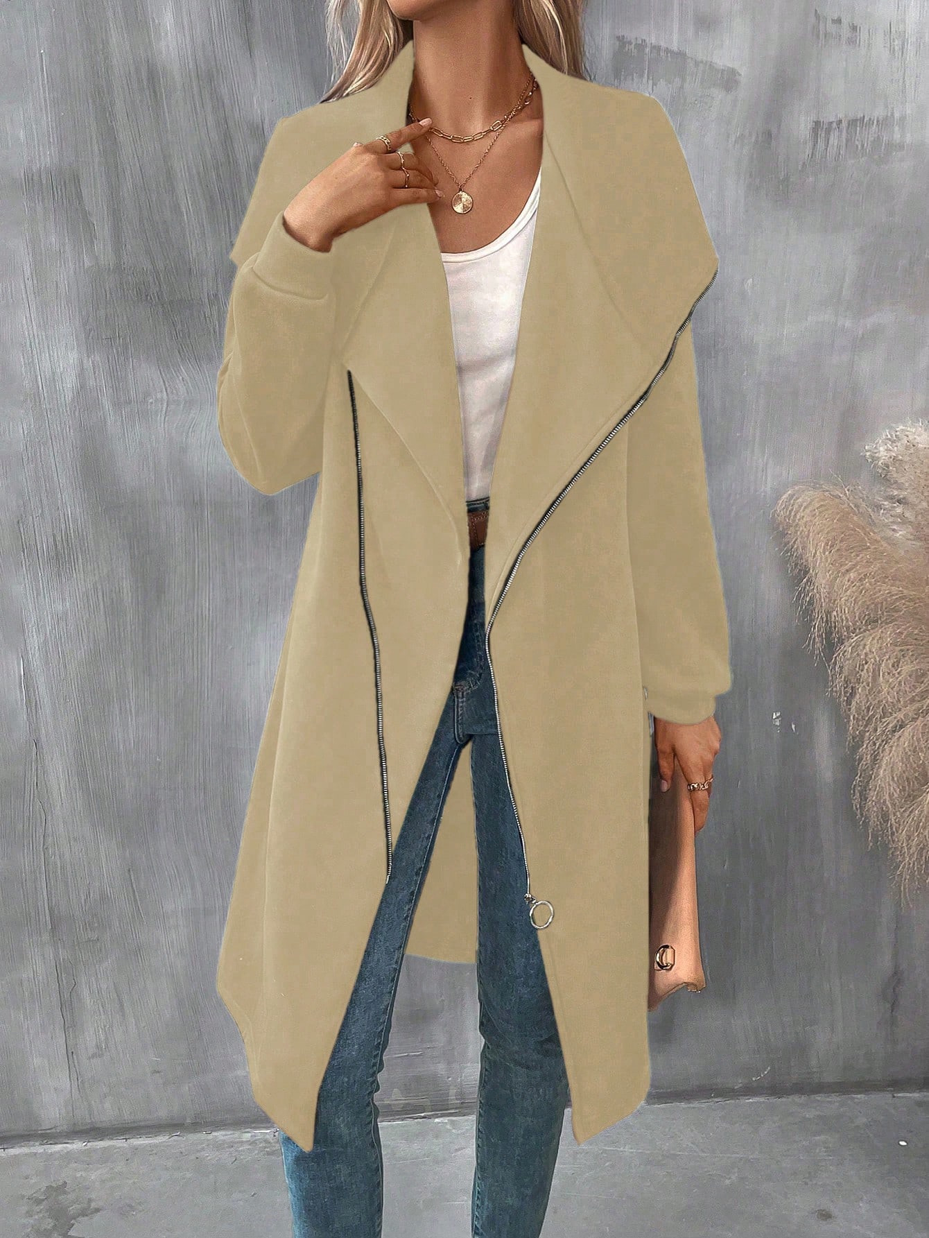 Waterfall Collar Zipper Long Coat