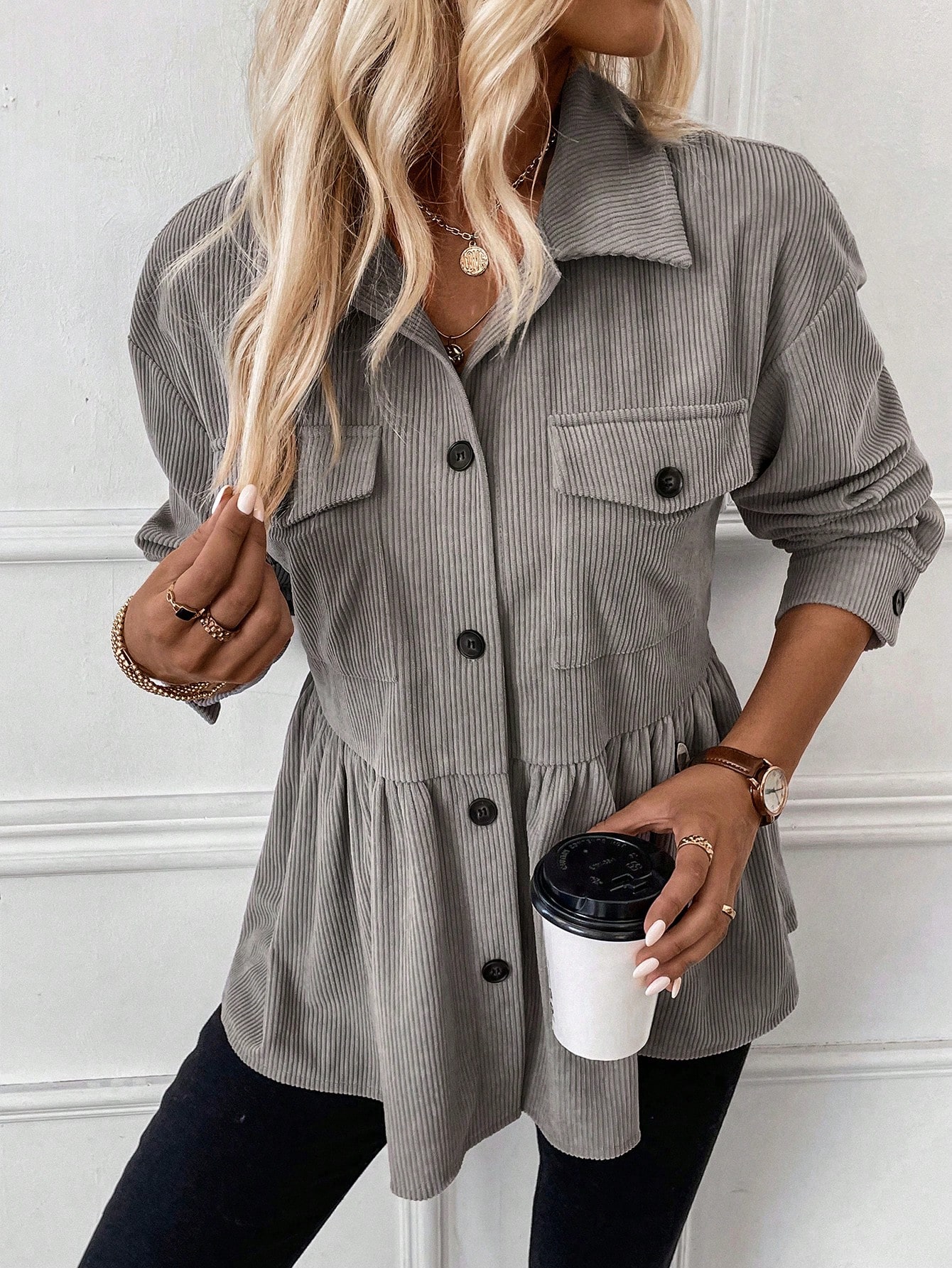 Flap Pocket Drop Shoulder Peplum Corduroy Coat