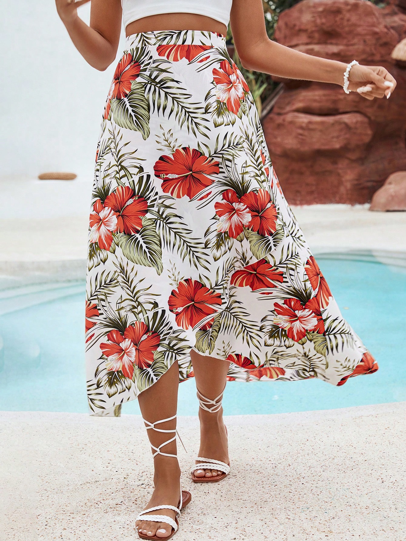 Tropical Printed Vacation Style Asymmetrical Hem Summer Beach Women Long Skirt