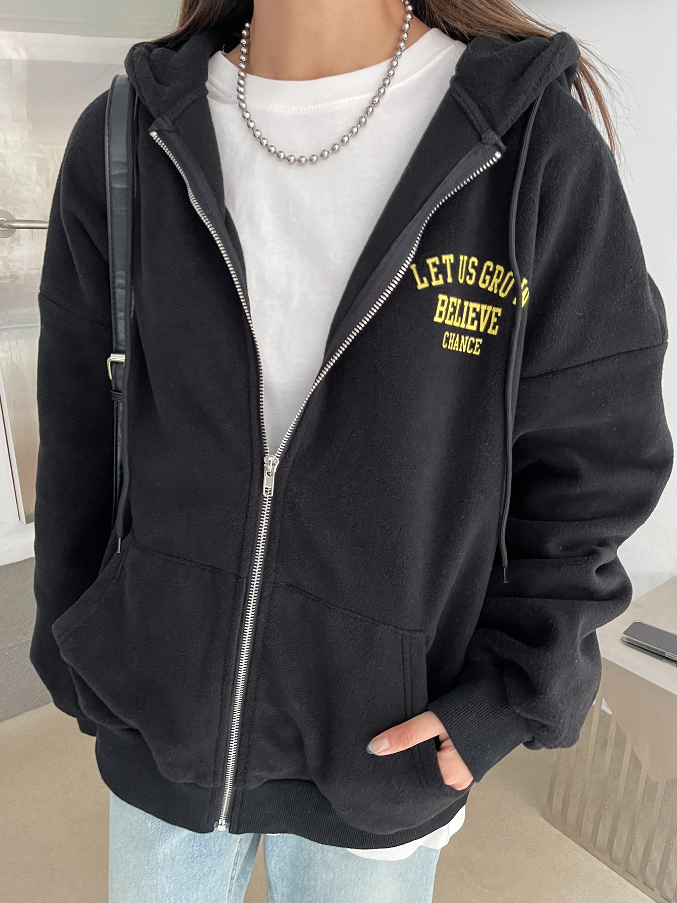 Slogan Graphic Drop Shoulder Zipper Drawstring Hooded Fleece Jacket