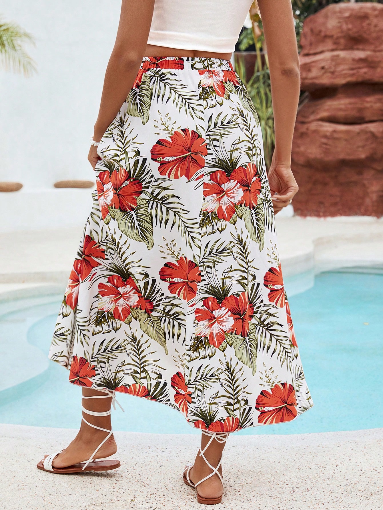 Tropical Printed Vacation Style Asymmetrical Hem Summer Beach Women Long Skirt