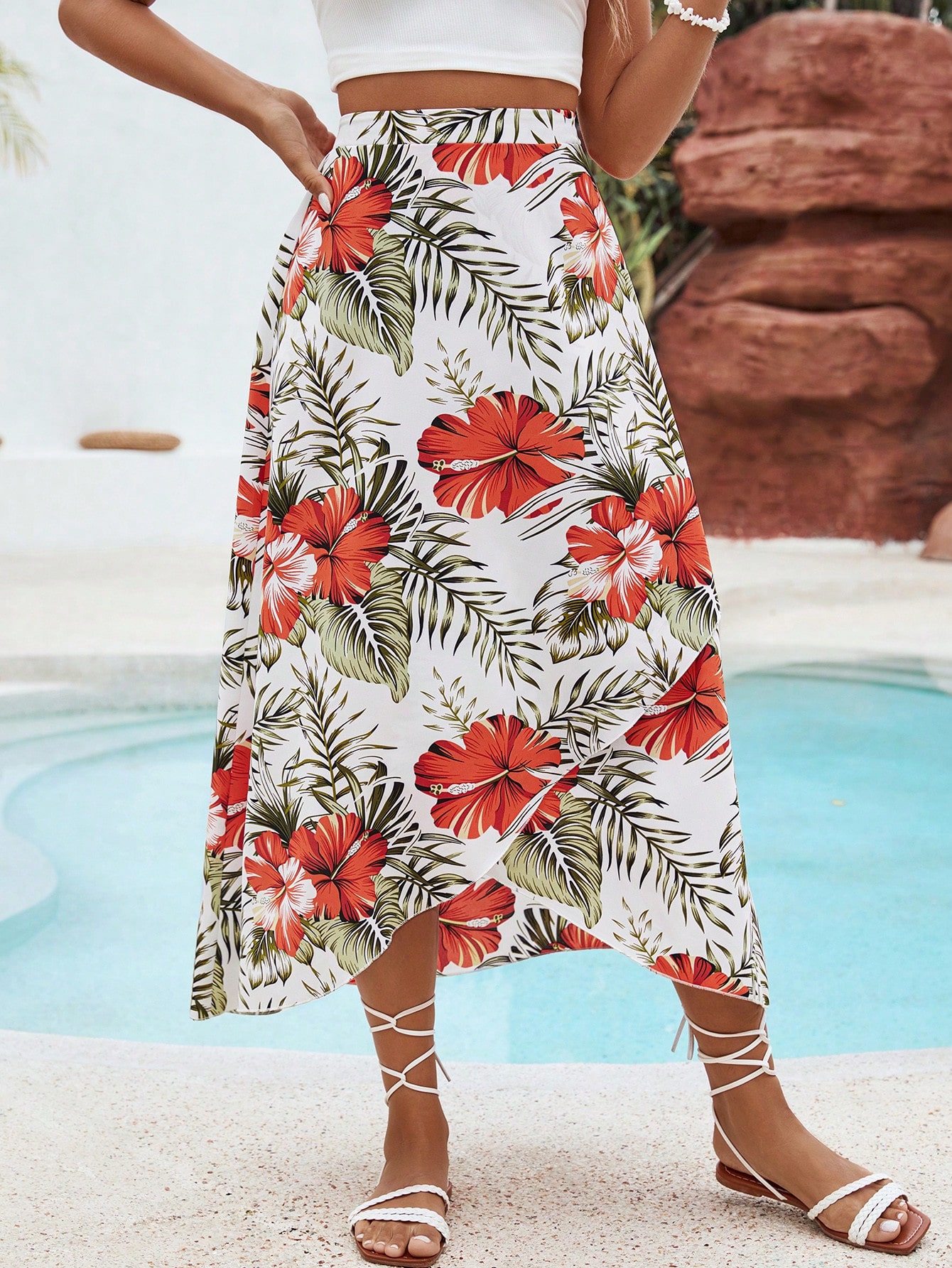 Tropical Printed Vacation Style Asymmetrical Hem Summer Beach Women Long Skirt