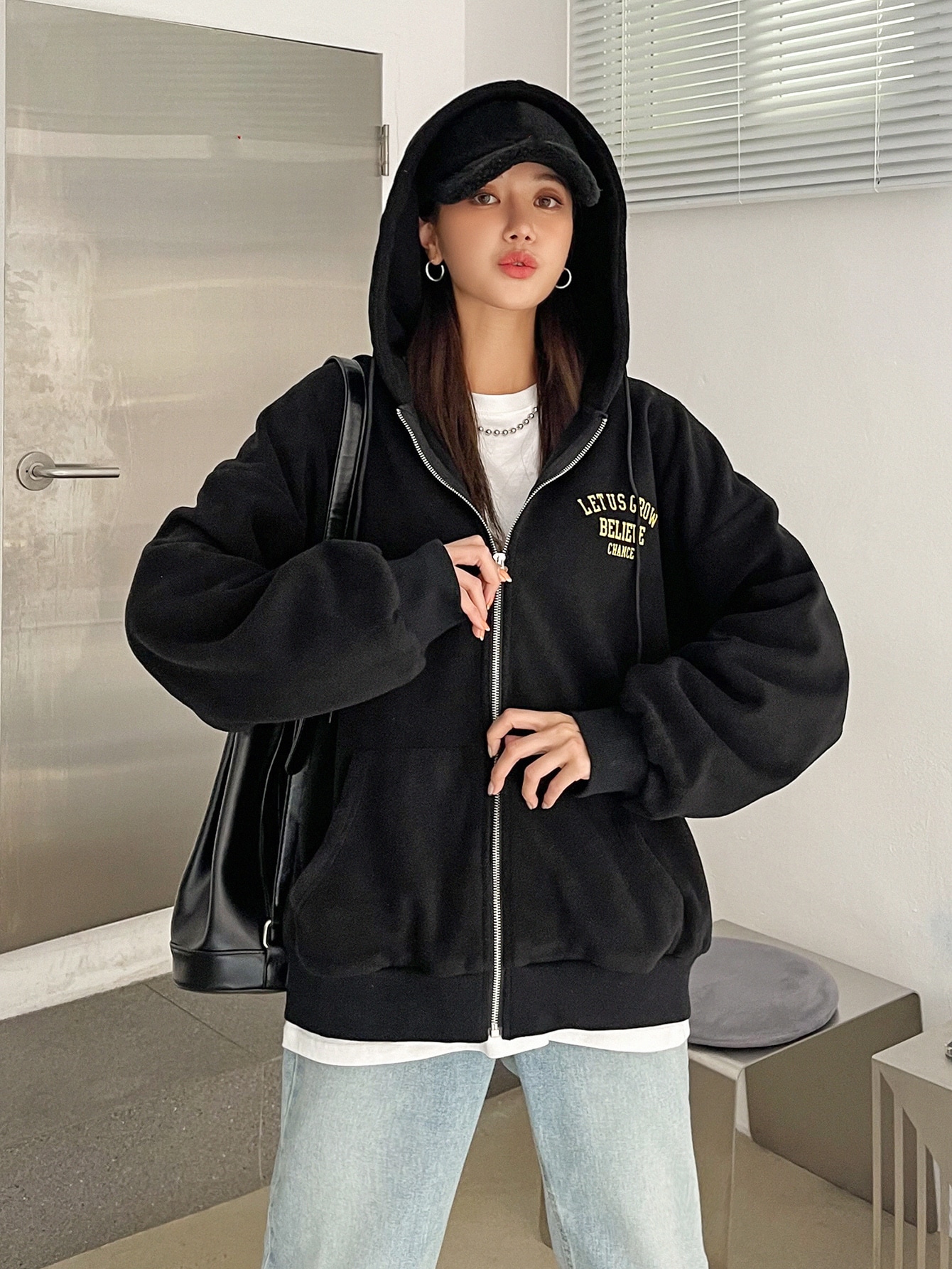 Slogan Graphic Drop Shoulder Zipper Drawstring Hooded Fleece Jacket