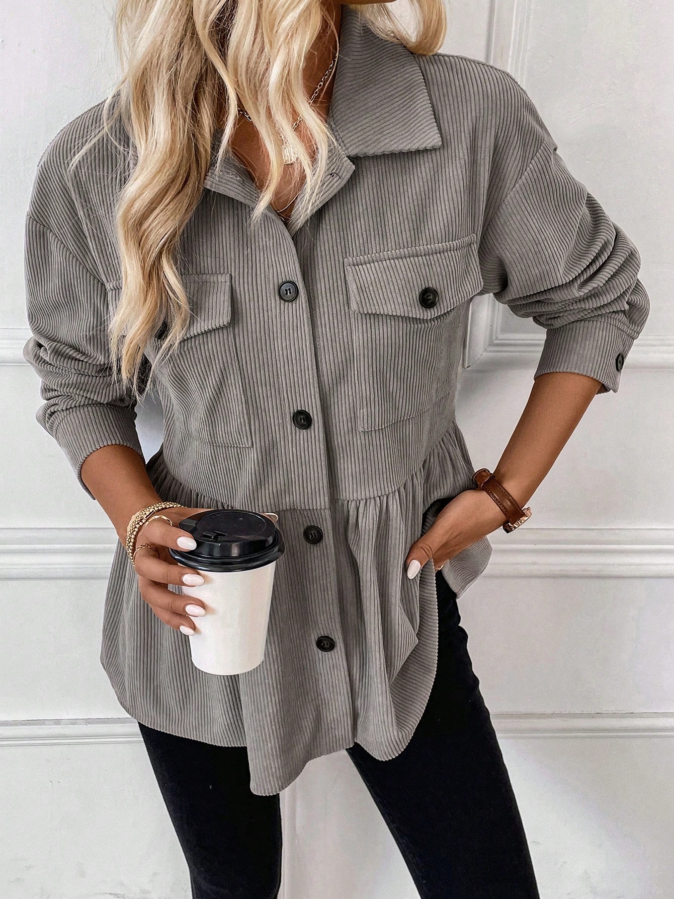 Flap Pocket Drop Shoulder Peplum Corduroy Coat