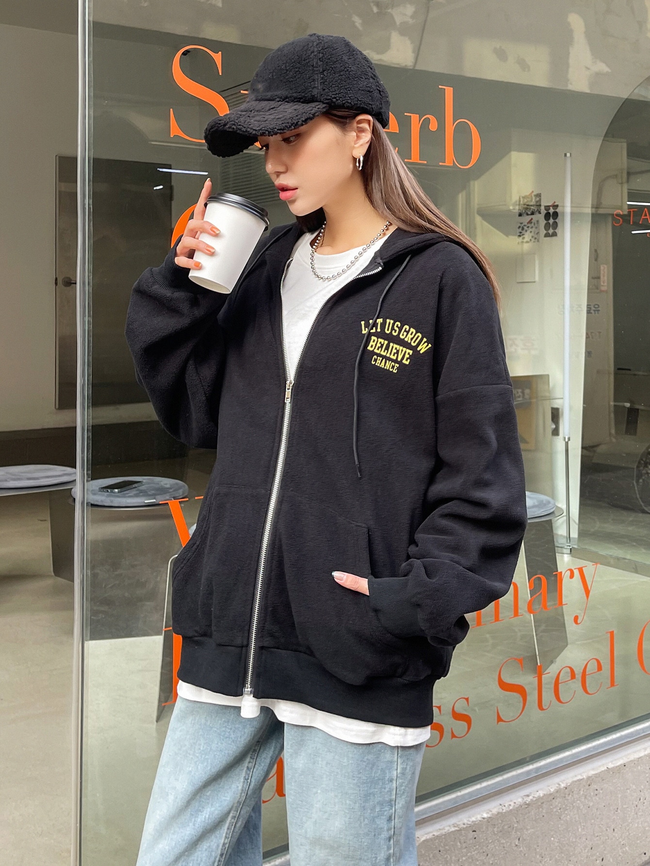 Slogan Graphic Drop Shoulder Zipper Drawstring Hooded Fleece Jacket