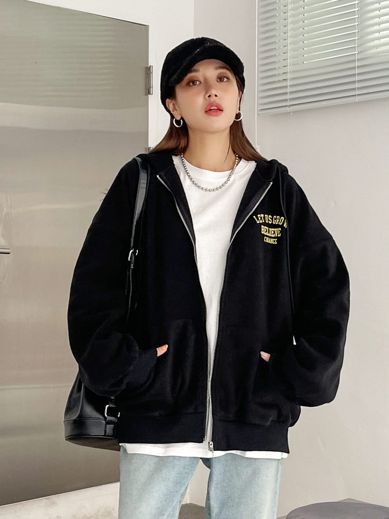 Slogan Graphic Drop Shoulder Zipper Drawstring Hooded Fleece Jacket