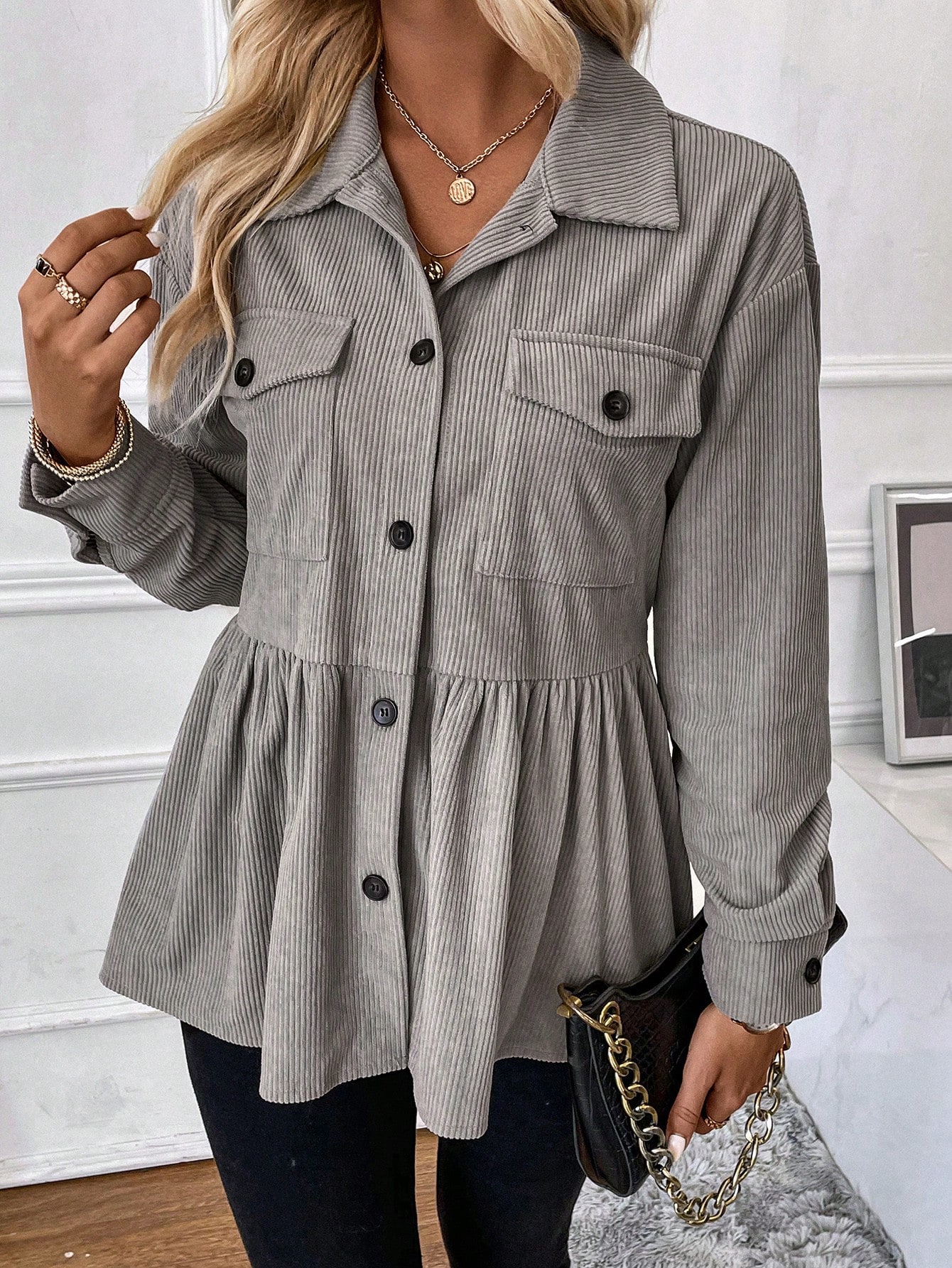 Flap Pocket Drop Shoulder Peplum Corduroy Coat