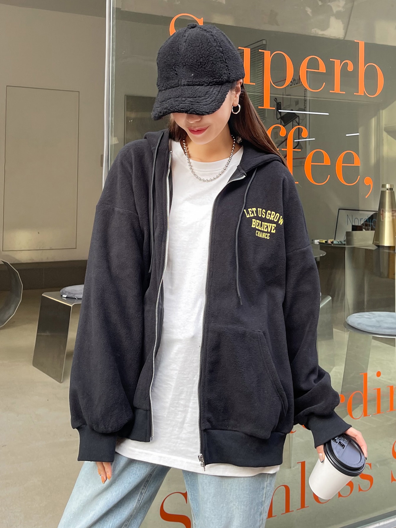 Slogan Graphic Drop Shoulder Zipper Drawstring Hooded Fleece Jacket