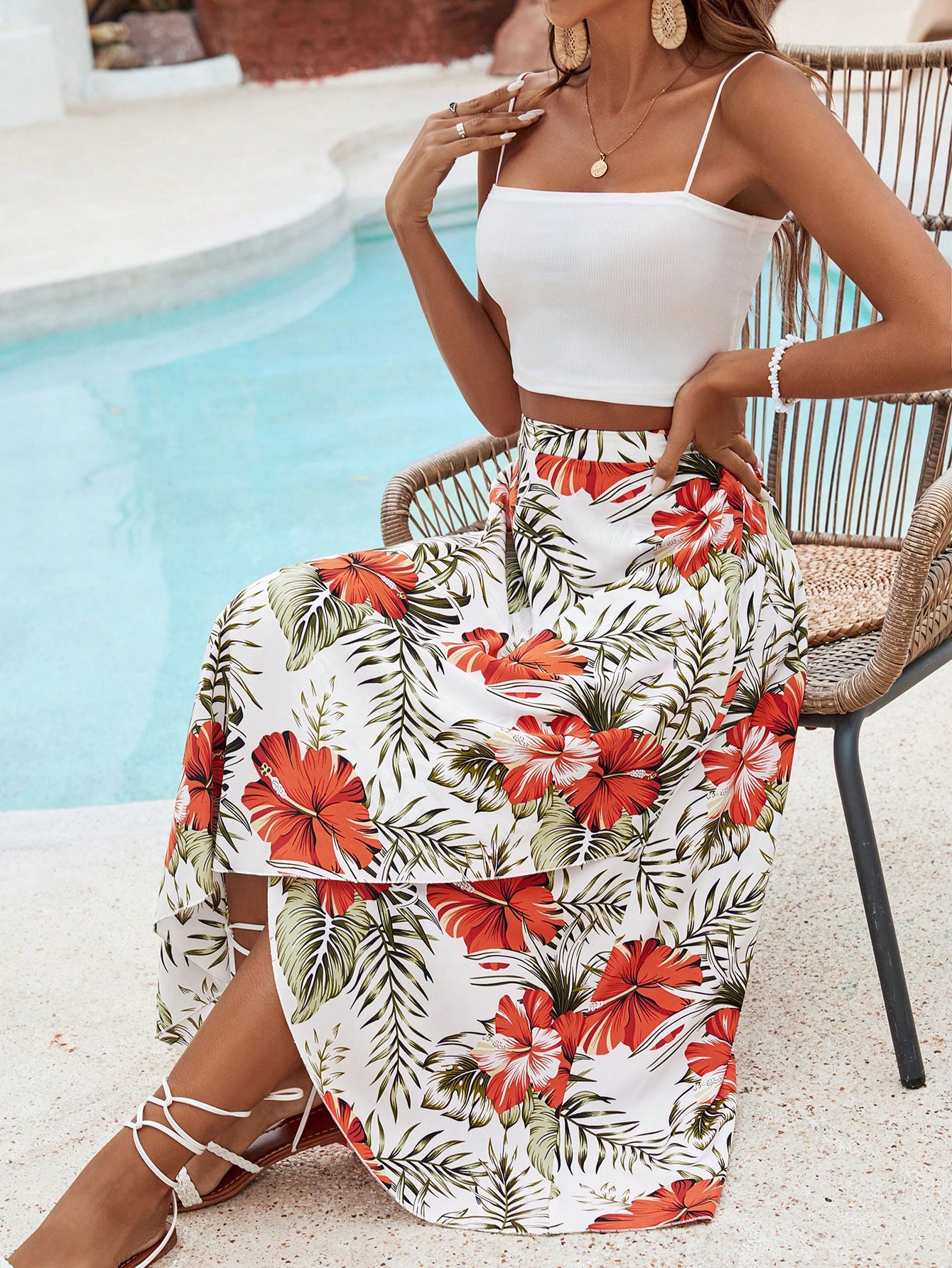 Tropical Printed Vacation Style Asymmetrical Hem Summer Beach Women Long Skirt