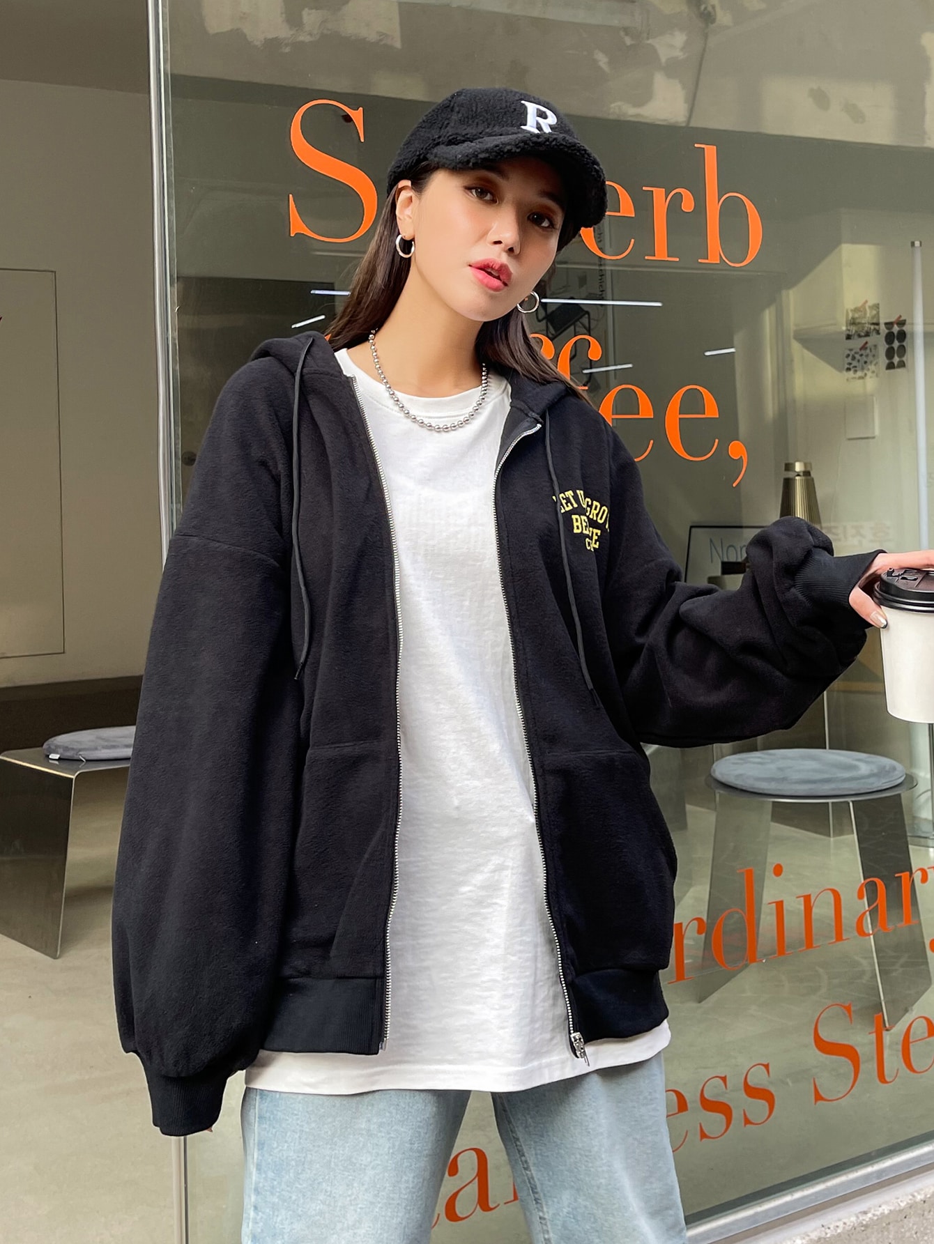 Slogan Graphic Drop Shoulder Zipper Drawstring Hooded Fleece Jacket