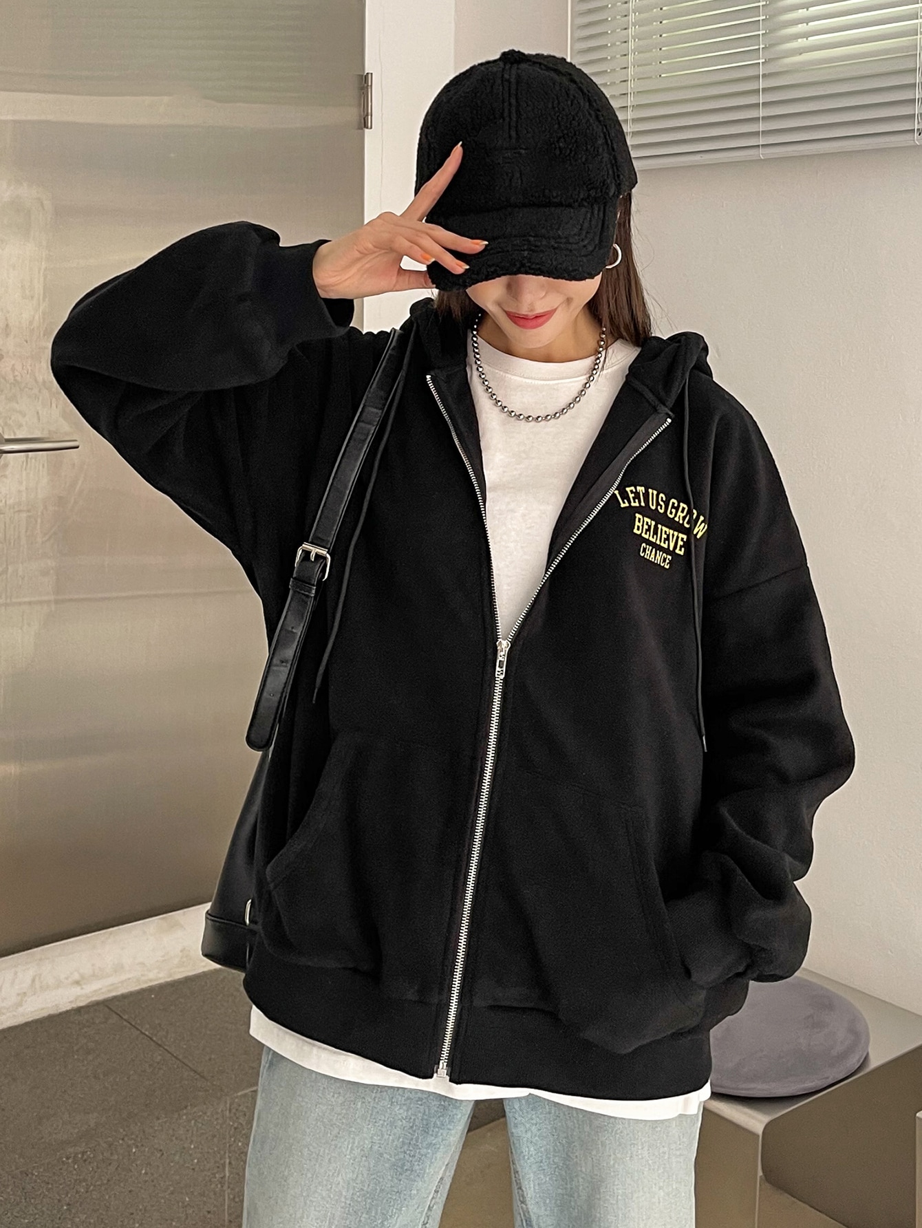 Slogan Graphic Drop Shoulder Zipper Drawstring Hooded Fleece Jacket