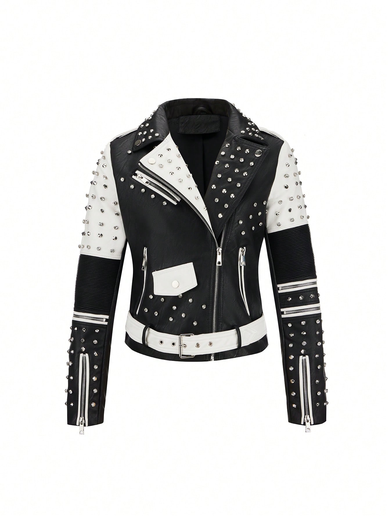 Women's Spring/Fall Simple All-Match Motorcycle Jacket With Diamond Rivet Decor And No Outerwear Pocket