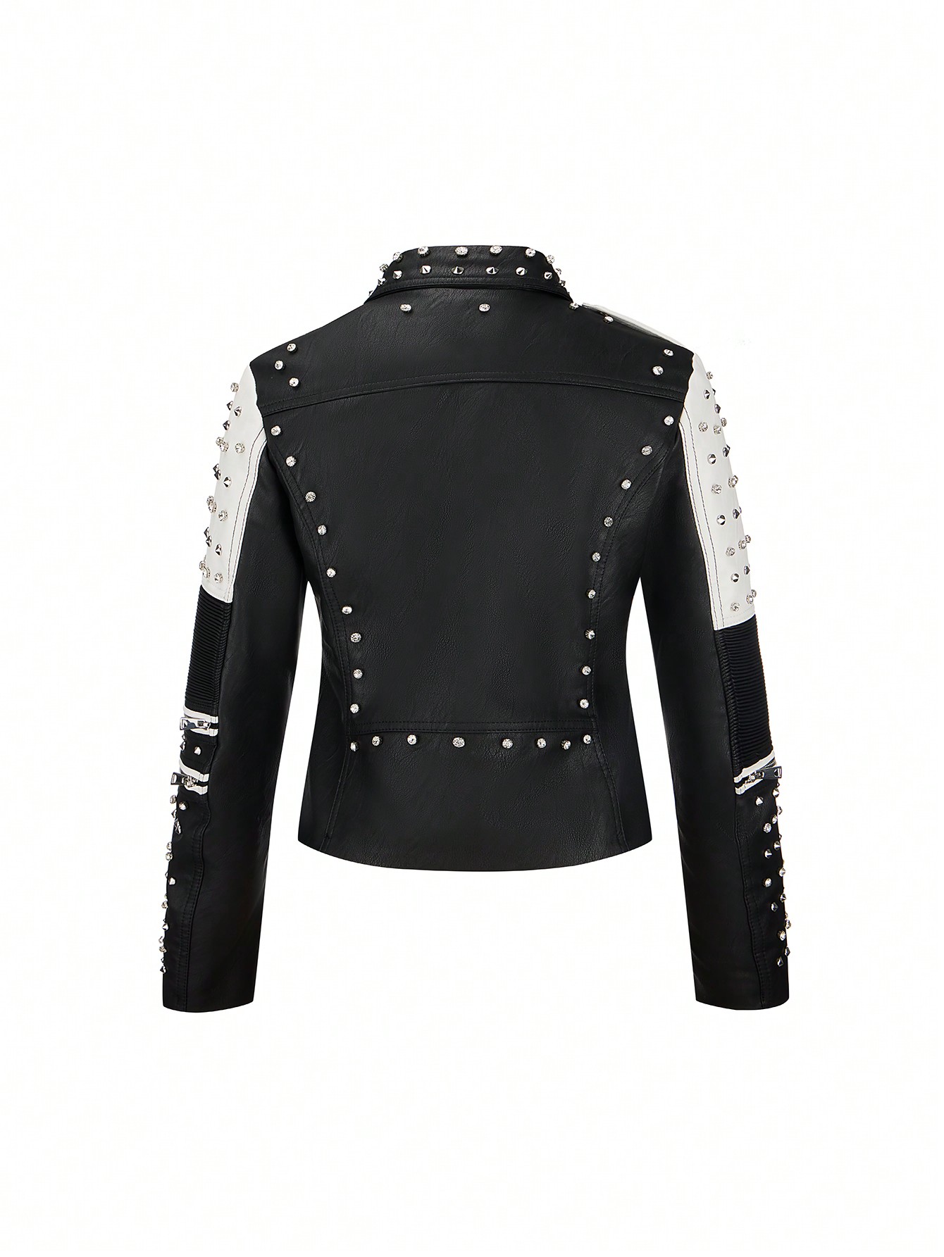 Women's Spring/Fall Simple All-Match Motorcycle Jacket With Diamond Rivet Decor And No Outerwear Pocket