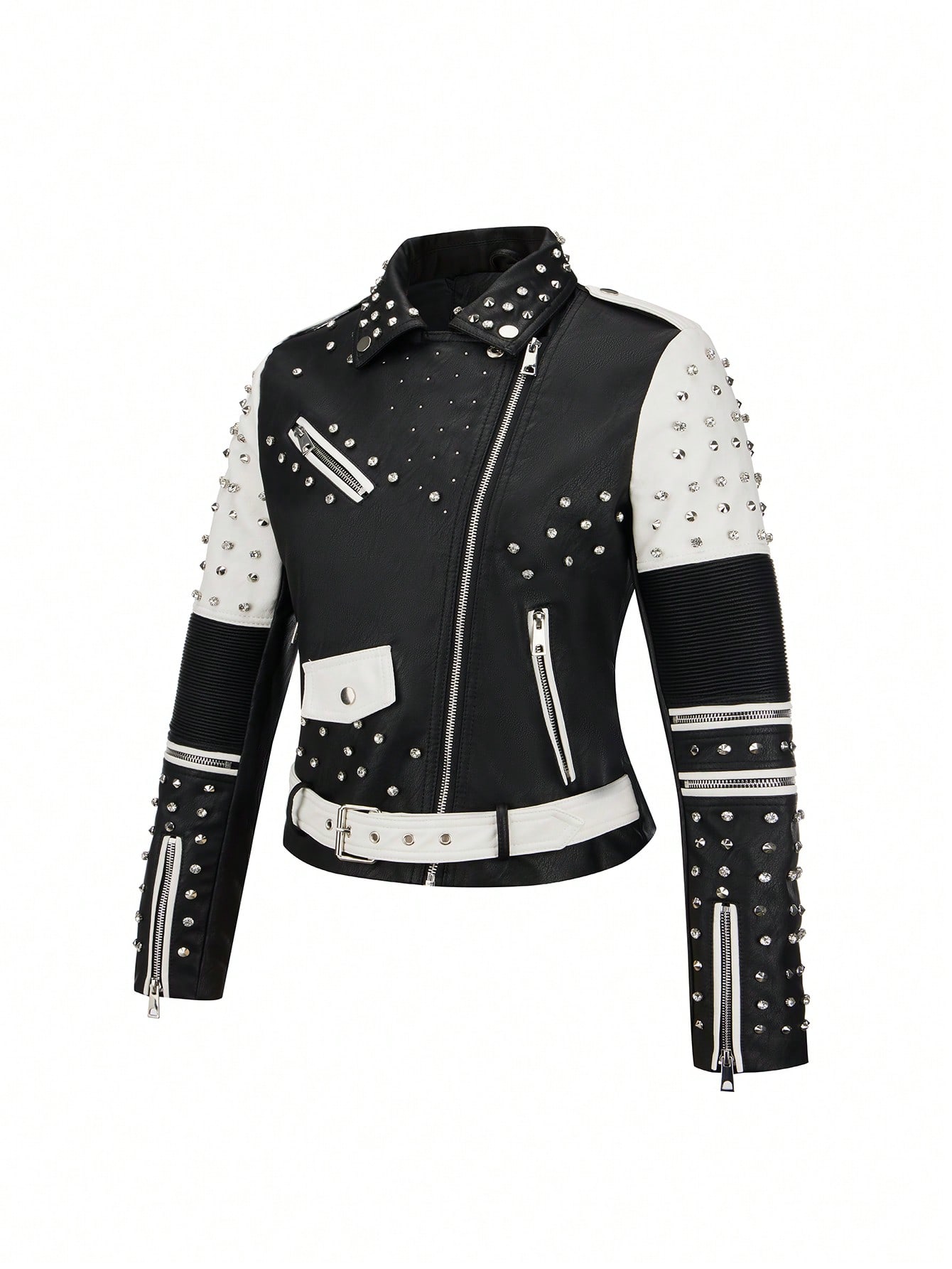 Women's Spring/Fall Simple All-Match Motorcycle Jacket With Diamond Rivet Decor And No Outerwear Pocket