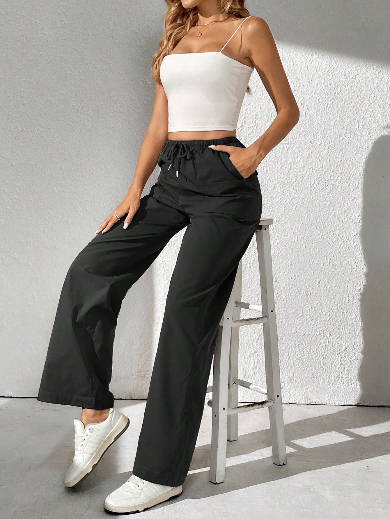 Tall Drawstring Waist Slant Pocket Straight Leg Pants