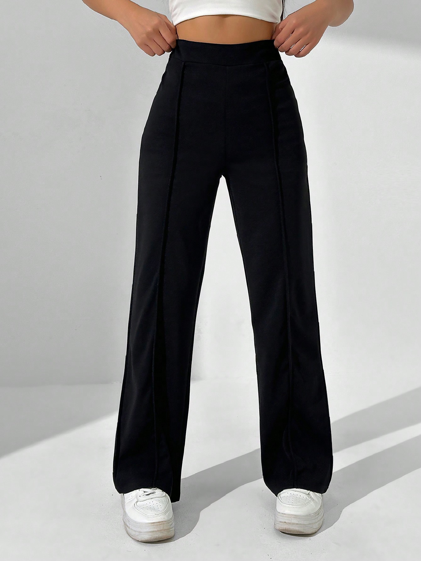 Solid Color High Waisted Straight Leg Casual Trousers