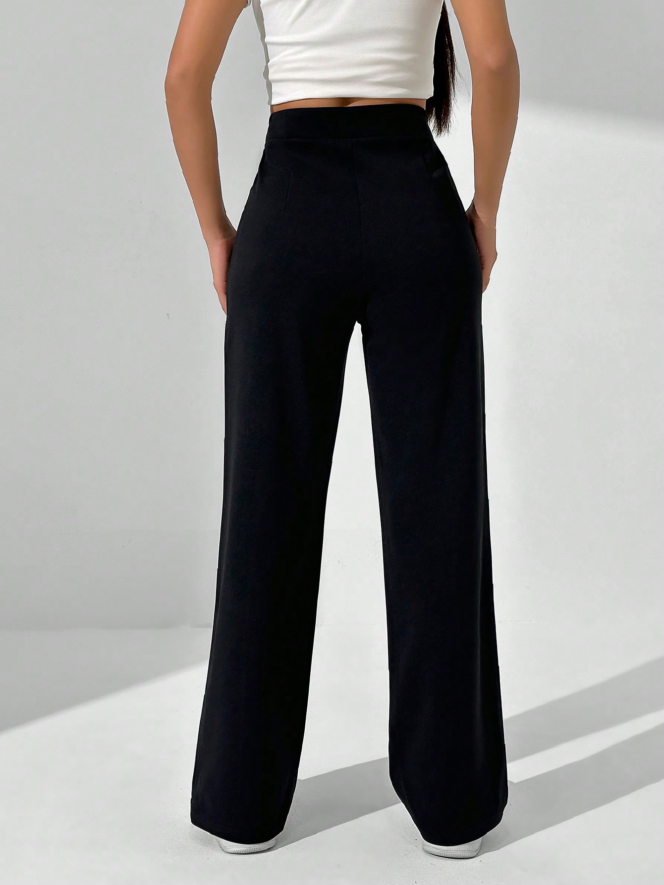 Solid Color High Waisted Straight Leg Casual Trousers