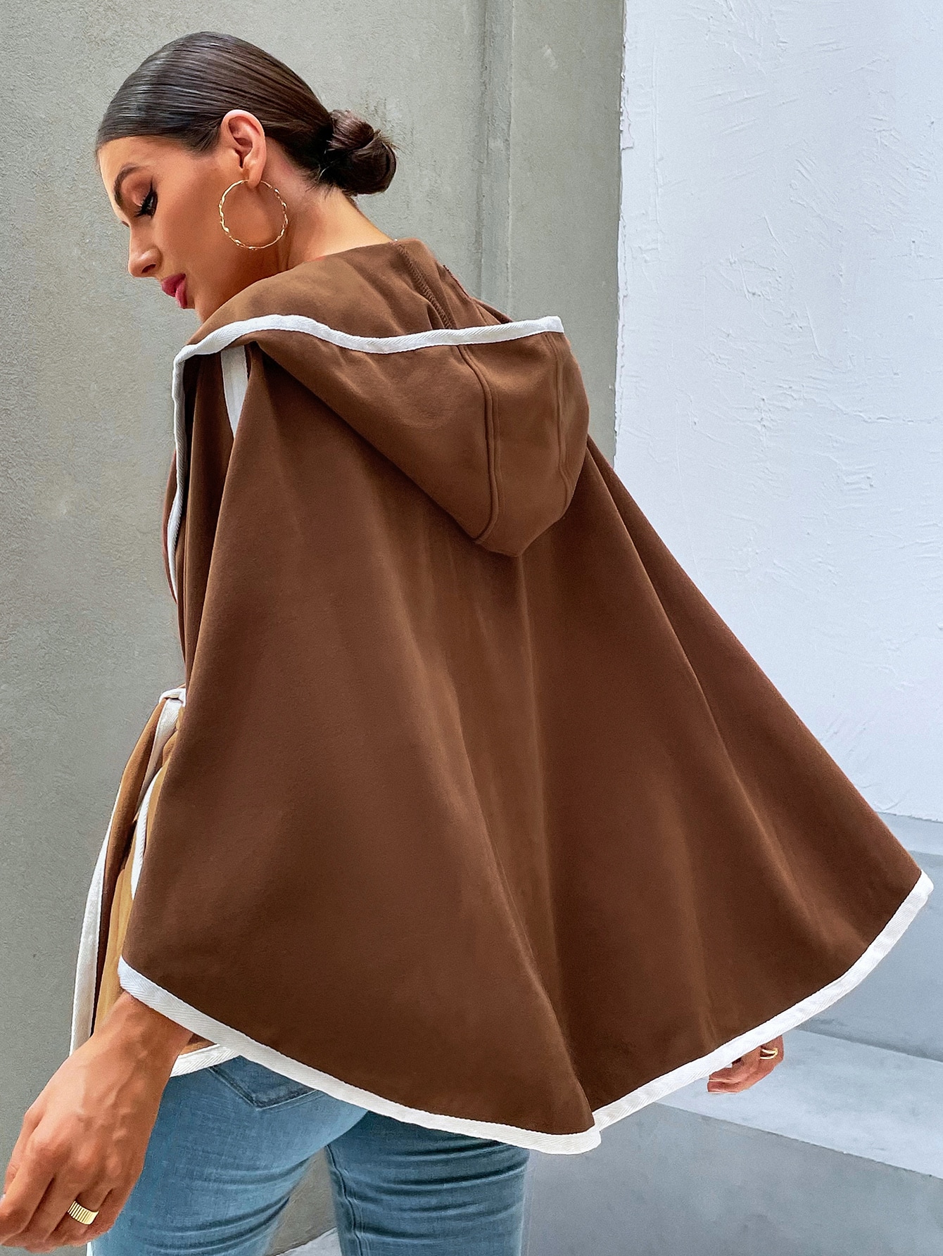 Contrast Binding Hooded Belted Cape Coat