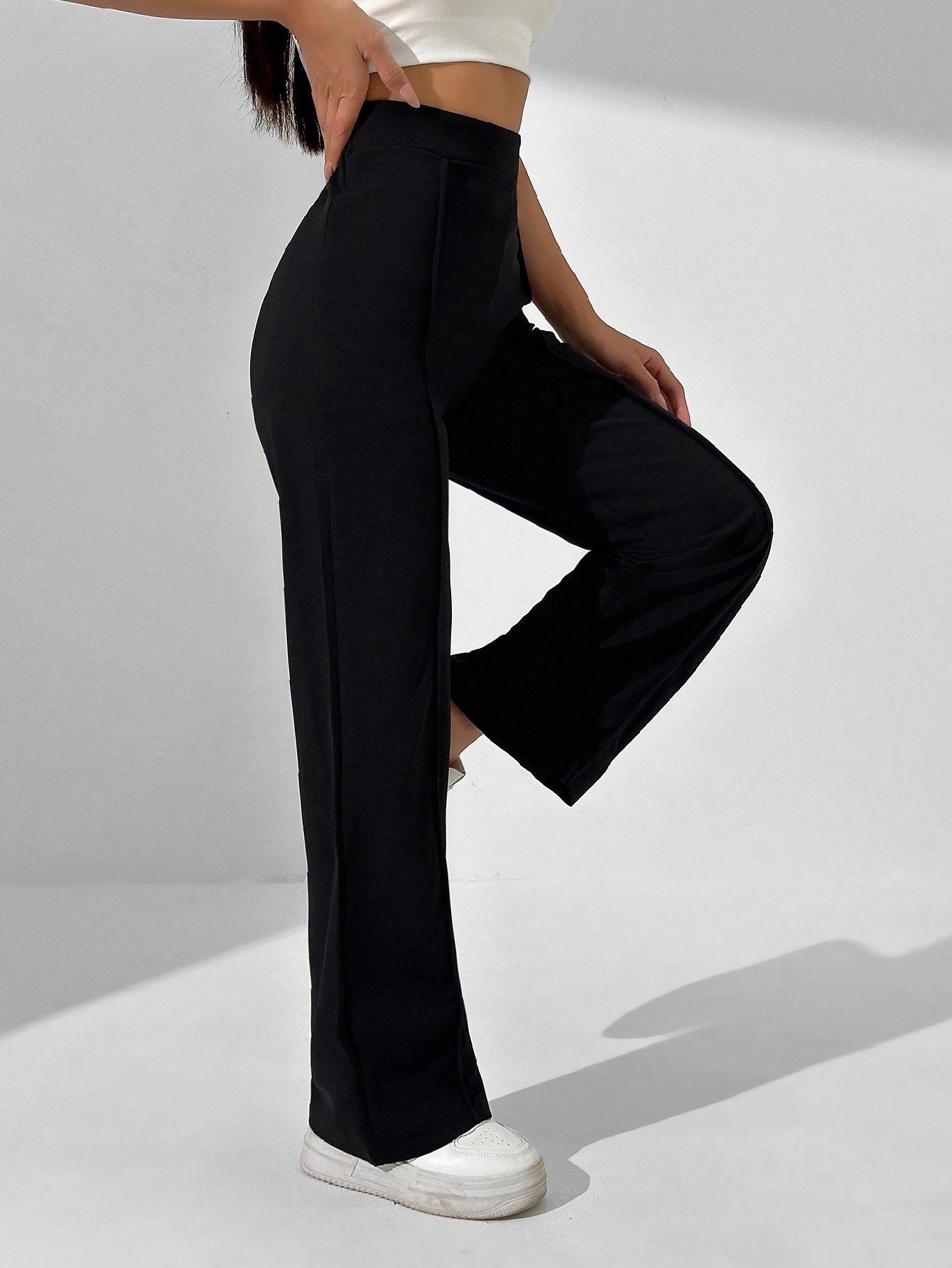 Solid Color High Waisted Straight Leg Casual Trousers