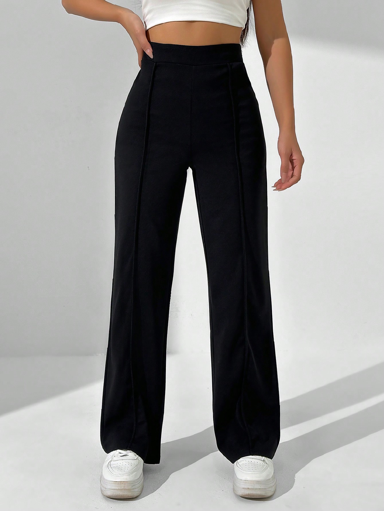 Solid Color High Waisted Straight Leg Casual Trousers